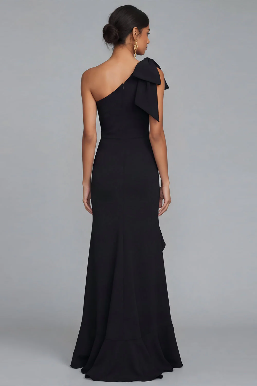 One Shoulder Black Sheath Long Evening Dress with Ruffle Slit - Image 2