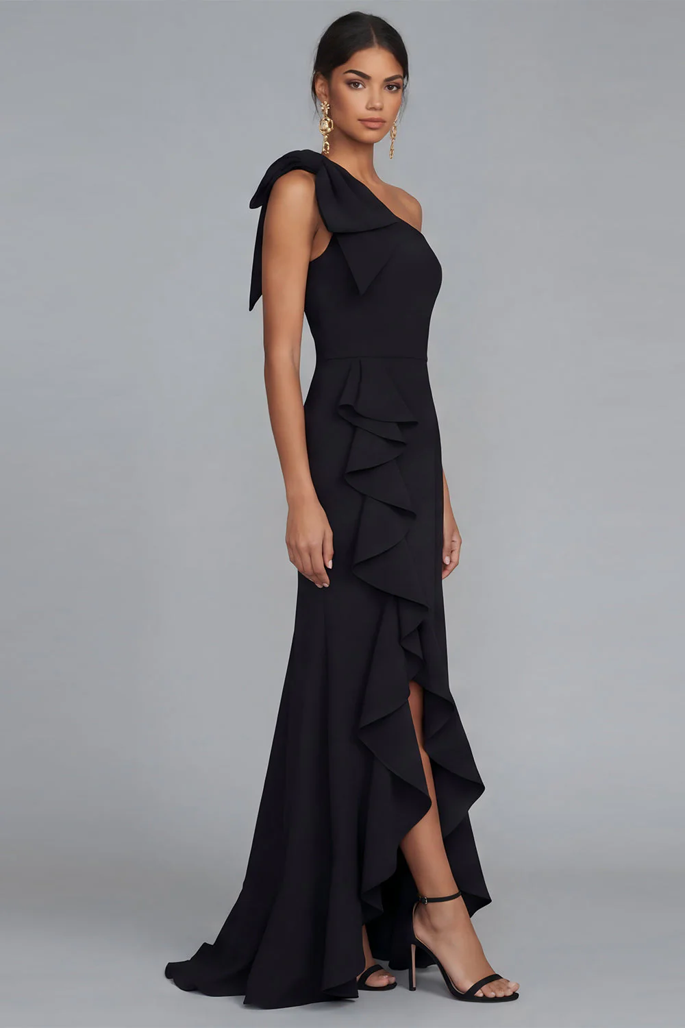 One Shoulder Black Sheath Long Evening Dress with Ruffle Slit - Image 3