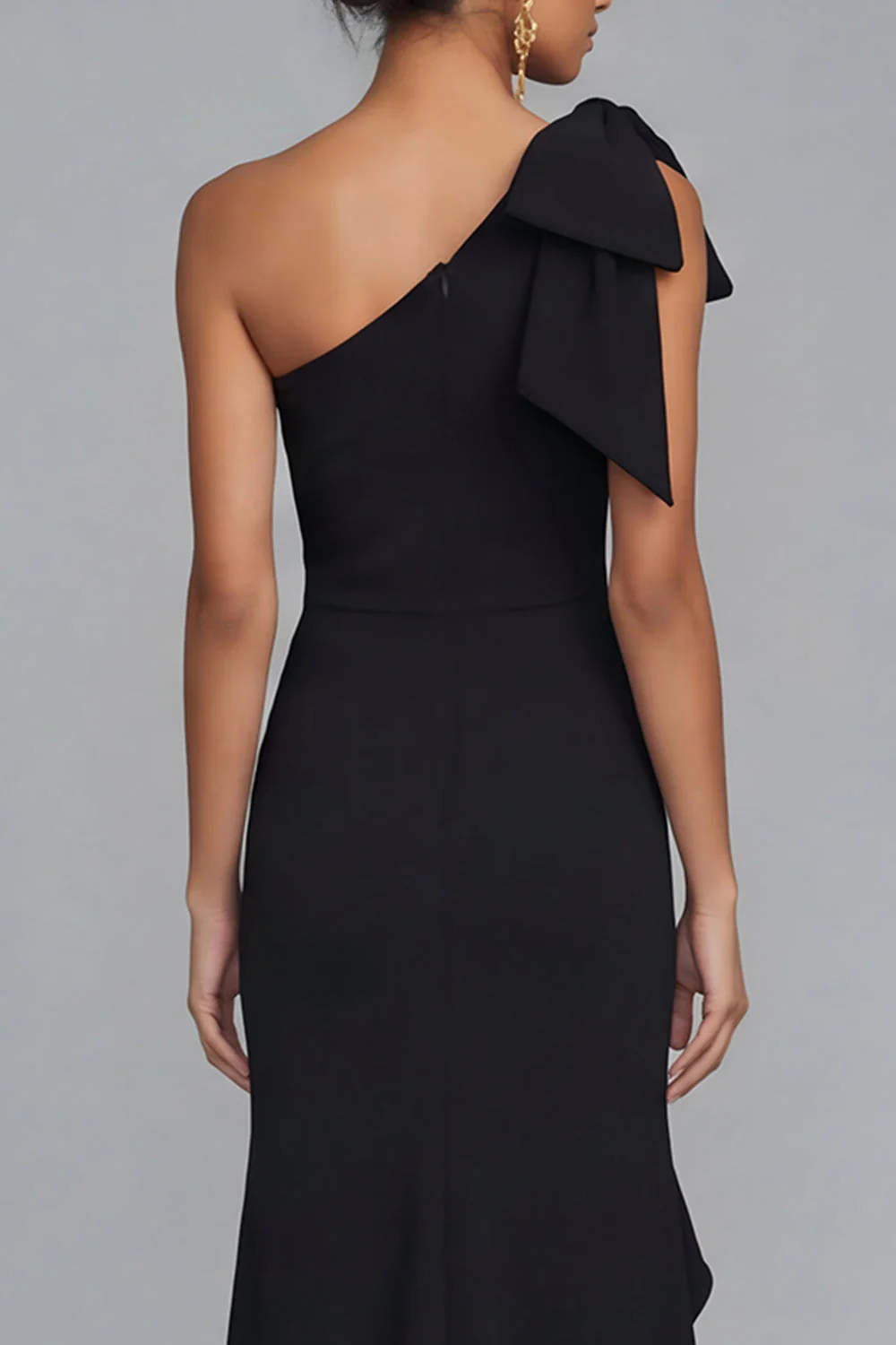One Shoulder Black Sheath Long Evening Dress with Ruffle Slit - Image 5