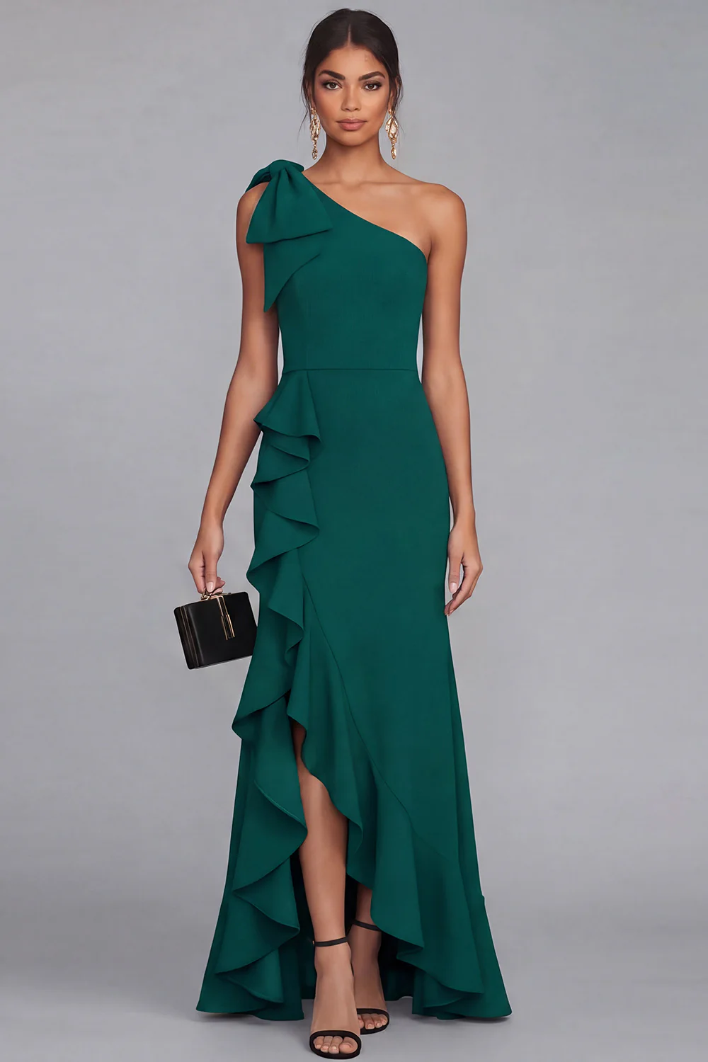 One Shoulder Black Sheath Long Evening Dress with Ruffle Slit - Image 6