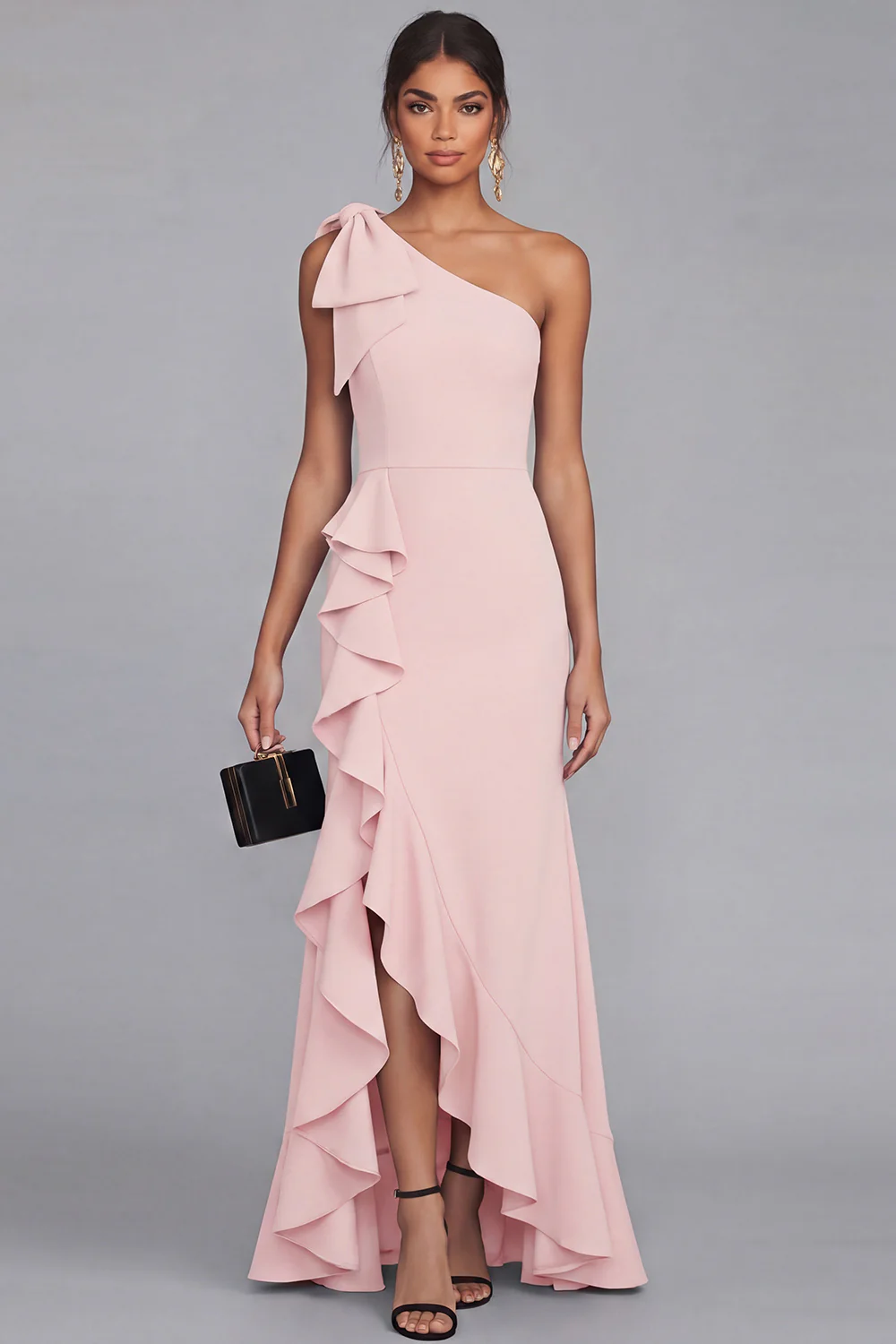 One Shoulder Black Sheath Long Evening Dress with Ruffle Slit - Image 7