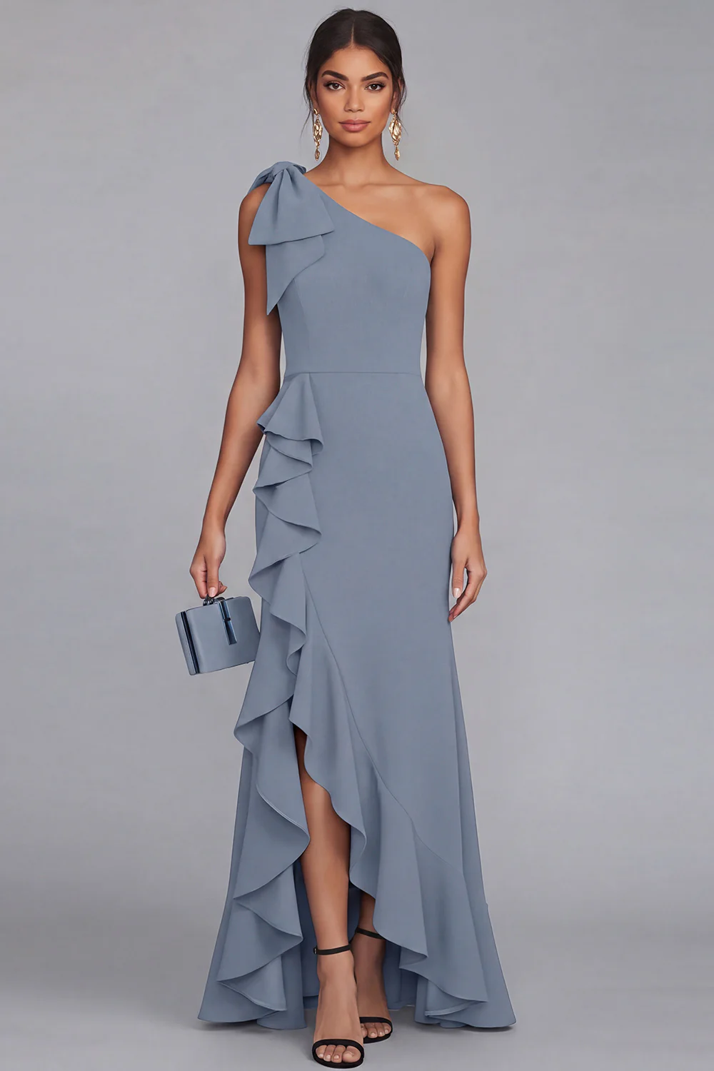One Shoulder Black Sheath Long Evening Dress with Ruffle Slit - Image 8