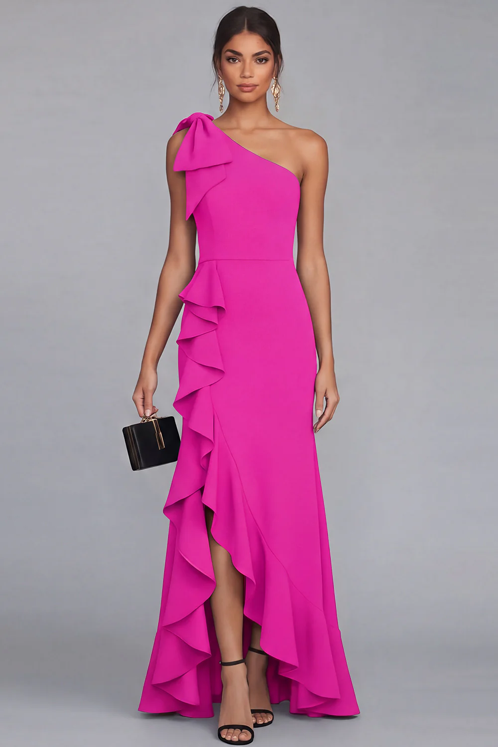 One Shoulder Black Sheath Long Evening Dress with Ruffle Slit - Image 9