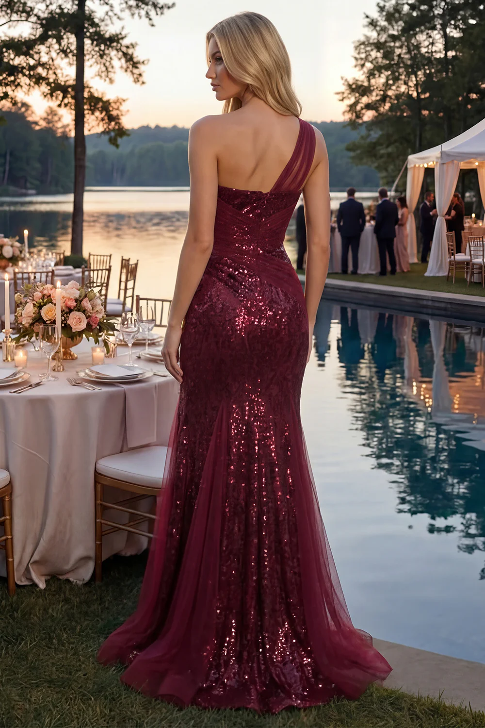 One Shoulder Burgundy Mermaid Corset Sequin Long Prom Dress with Slit - Image 2