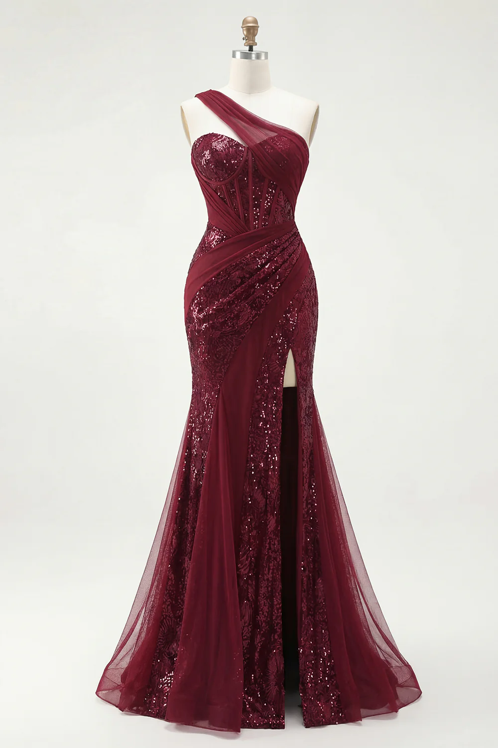 One Shoulder Burgundy Mermaid Corset Sequin Long Prom Dress with Slit - Image 3
