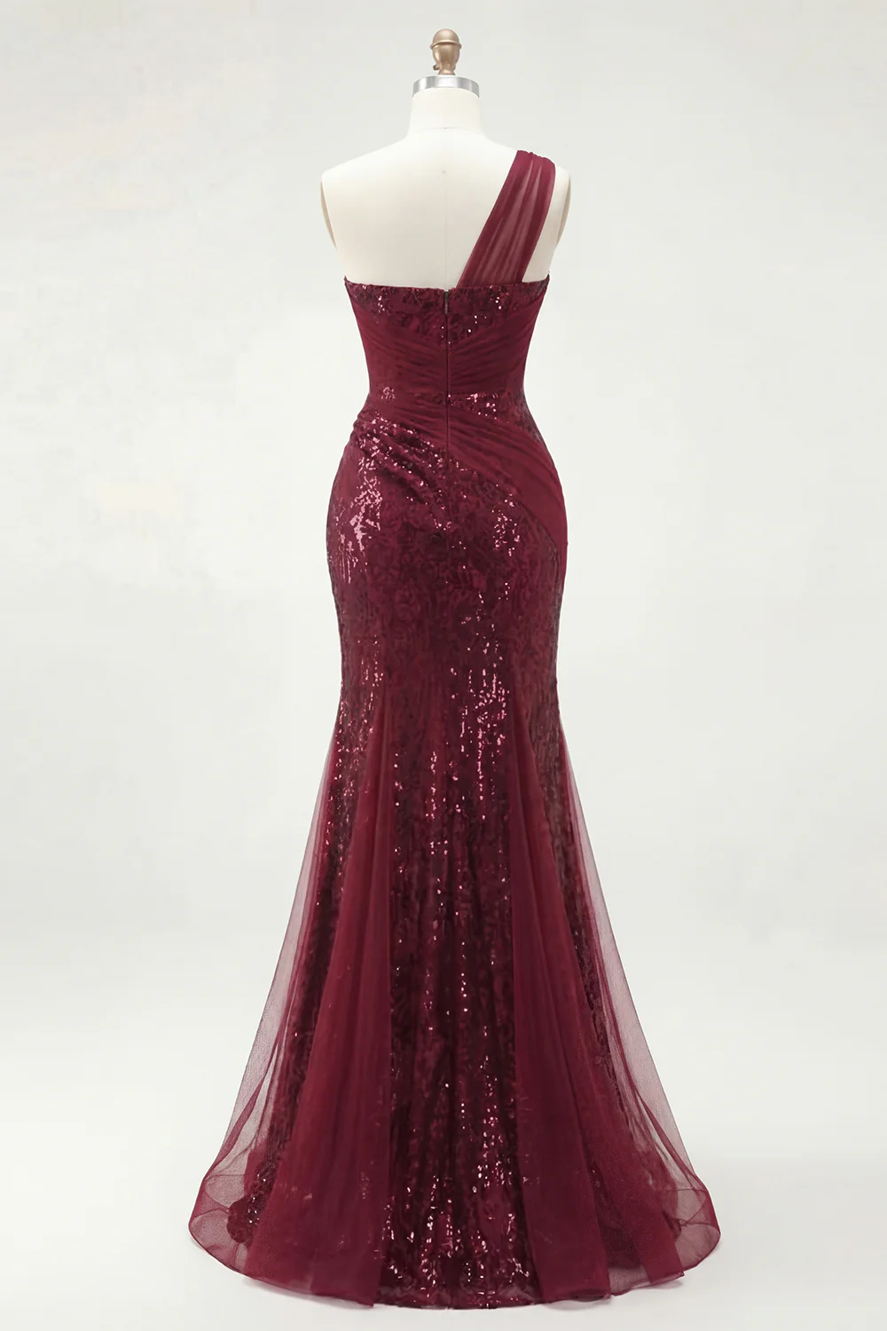 One Shoulder Burgundy Mermaid Corset Sequin Long Prom Dress with Slit - Image 4