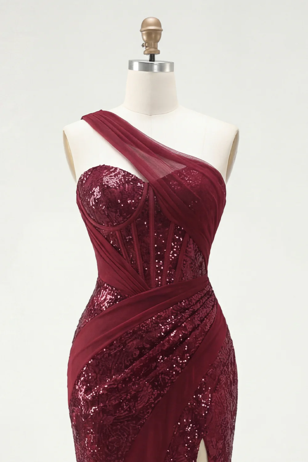 One Shoulder Burgundy Mermaid Corset Sequin Long Prom Dress with Slit - Image 5