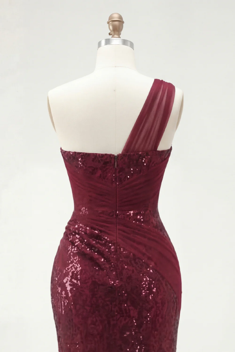 One Shoulder Burgundy Mermaid Corset Sequin Long Prom Dress with Slit - Image 6