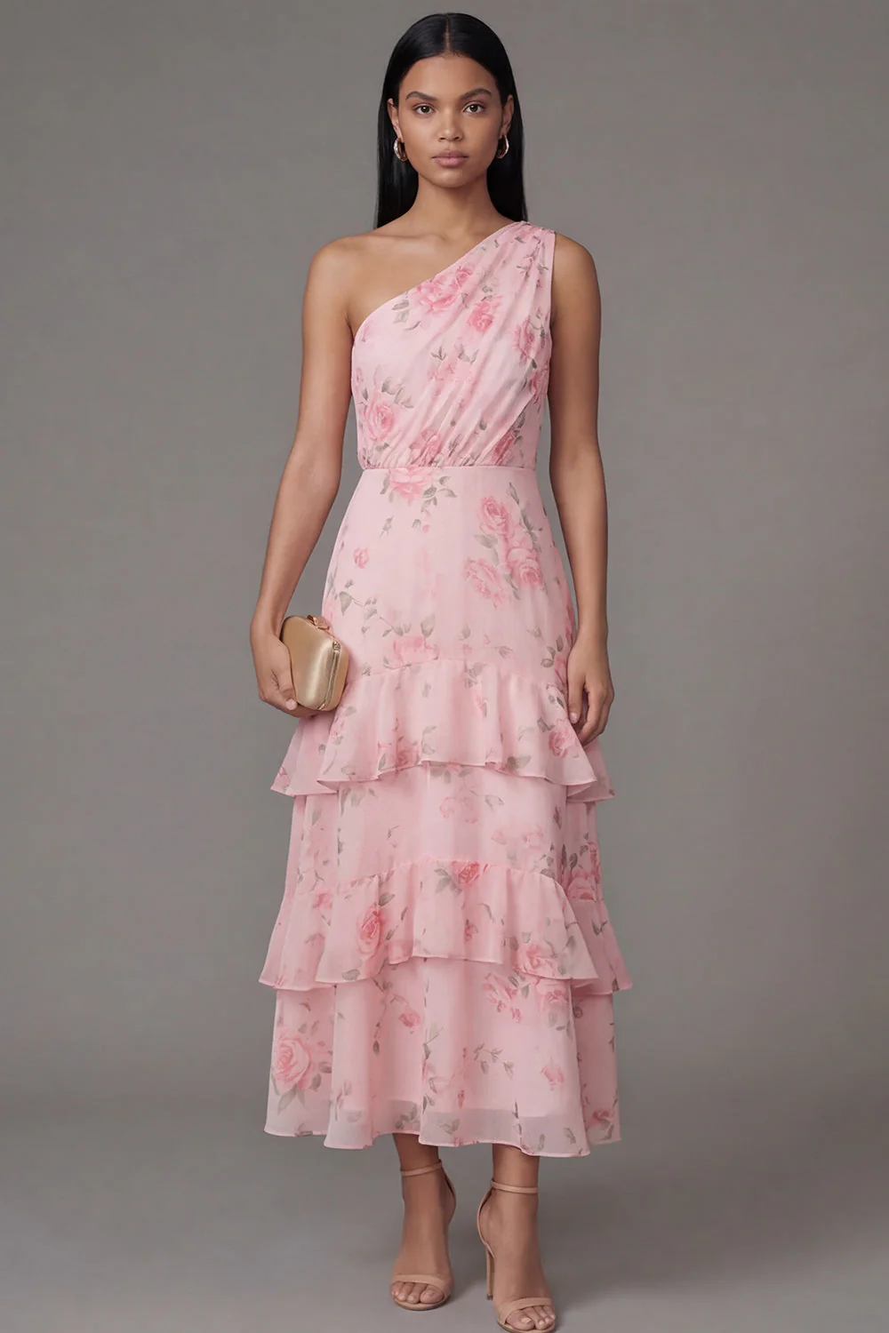One Shoulder Chiffon Pink Ruched Tiered Printed Long Floral Dress