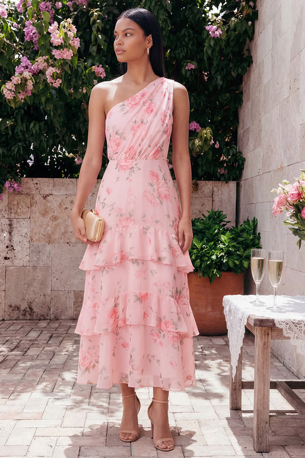 One Shoulder Chiffon Pink Ruched Tiered Printed Long Floral Dress - Image 2