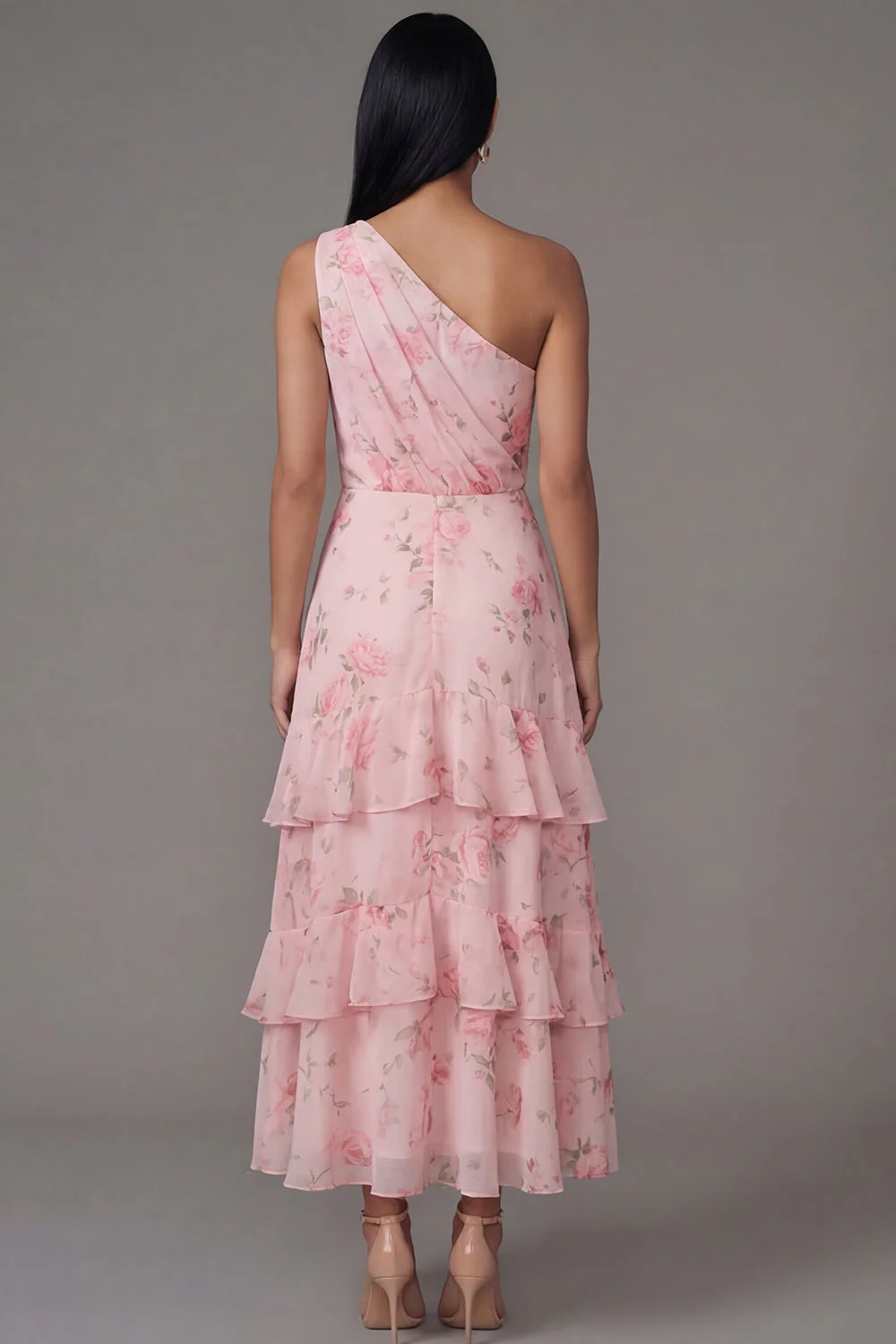 One Shoulder Chiffon Pink Ruched Tiered Printed Long Floral Dress - Image 3