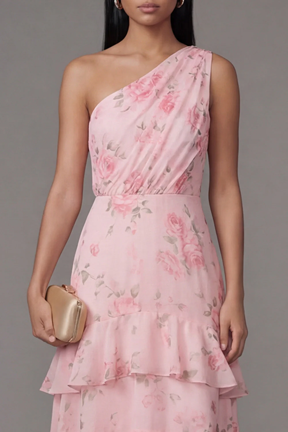 One Shoulder Chiffon Pink Ruched Tiered Printed Long Floral Dress - Image 4
