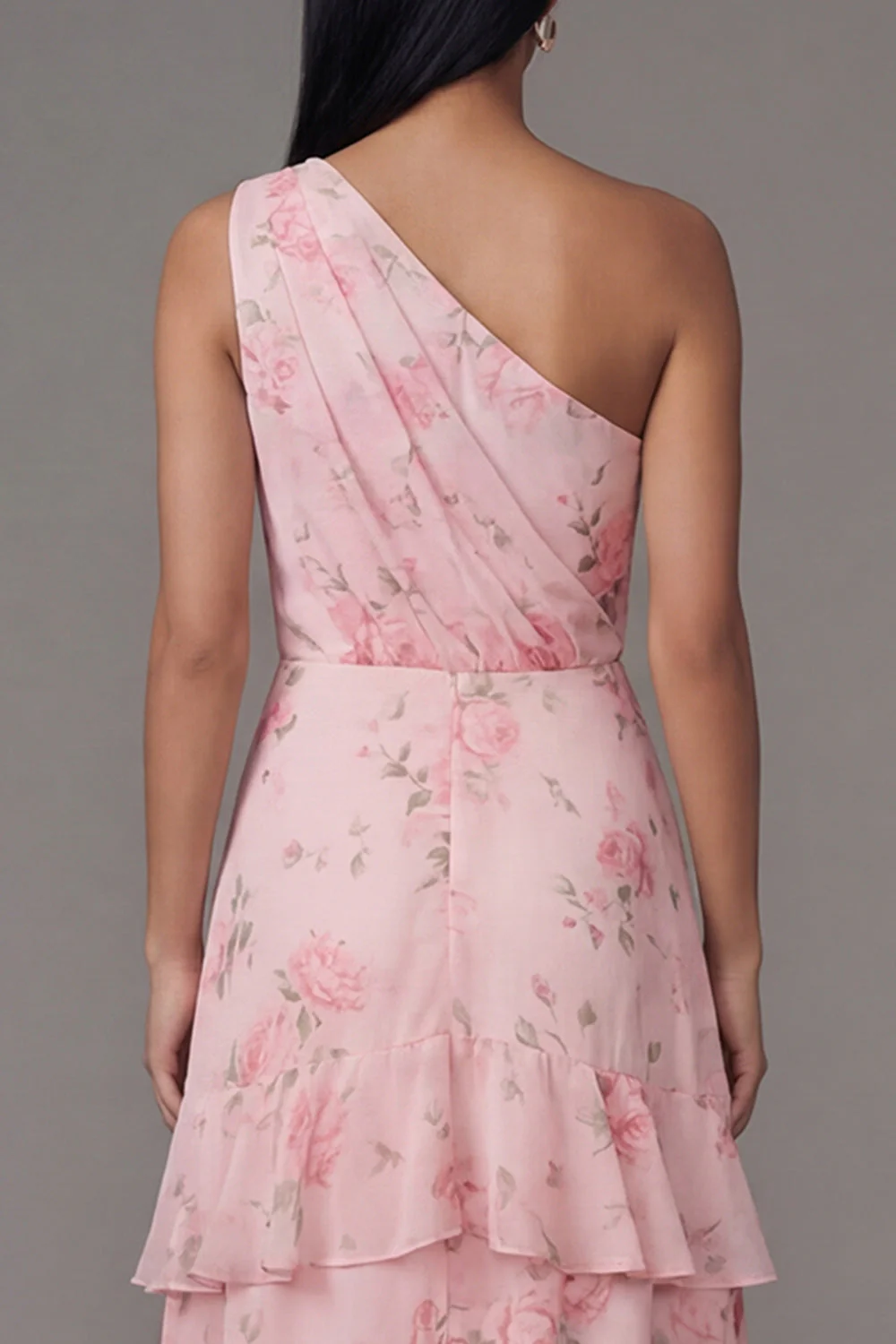 One Shoulder Chiffon Pink Ruched Tiered Printed Long Floral Dress - Image 5