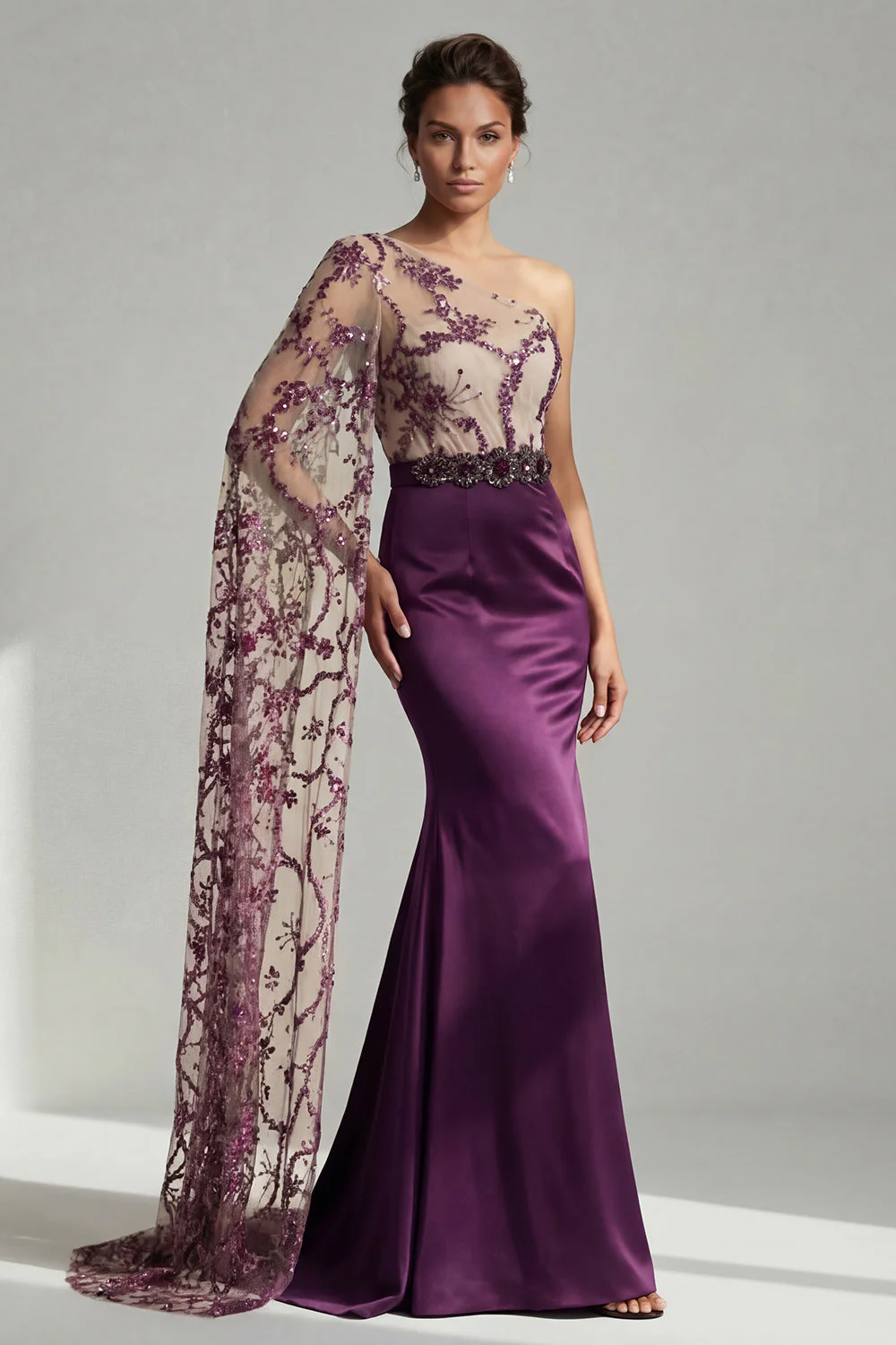 One Shoulder Dark Purple Mermaid Sequin Long Mother of the Bride Dress