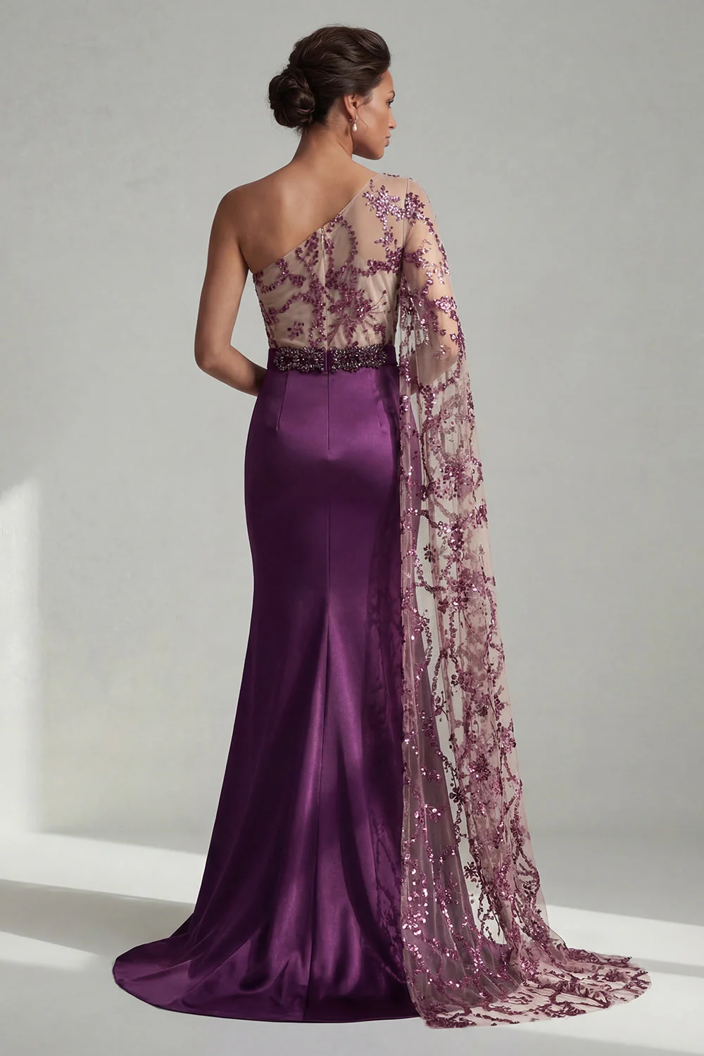 One Shoulder Dark Purple Mermaid Sequin Long Mother of the Bride Dress - Image 2