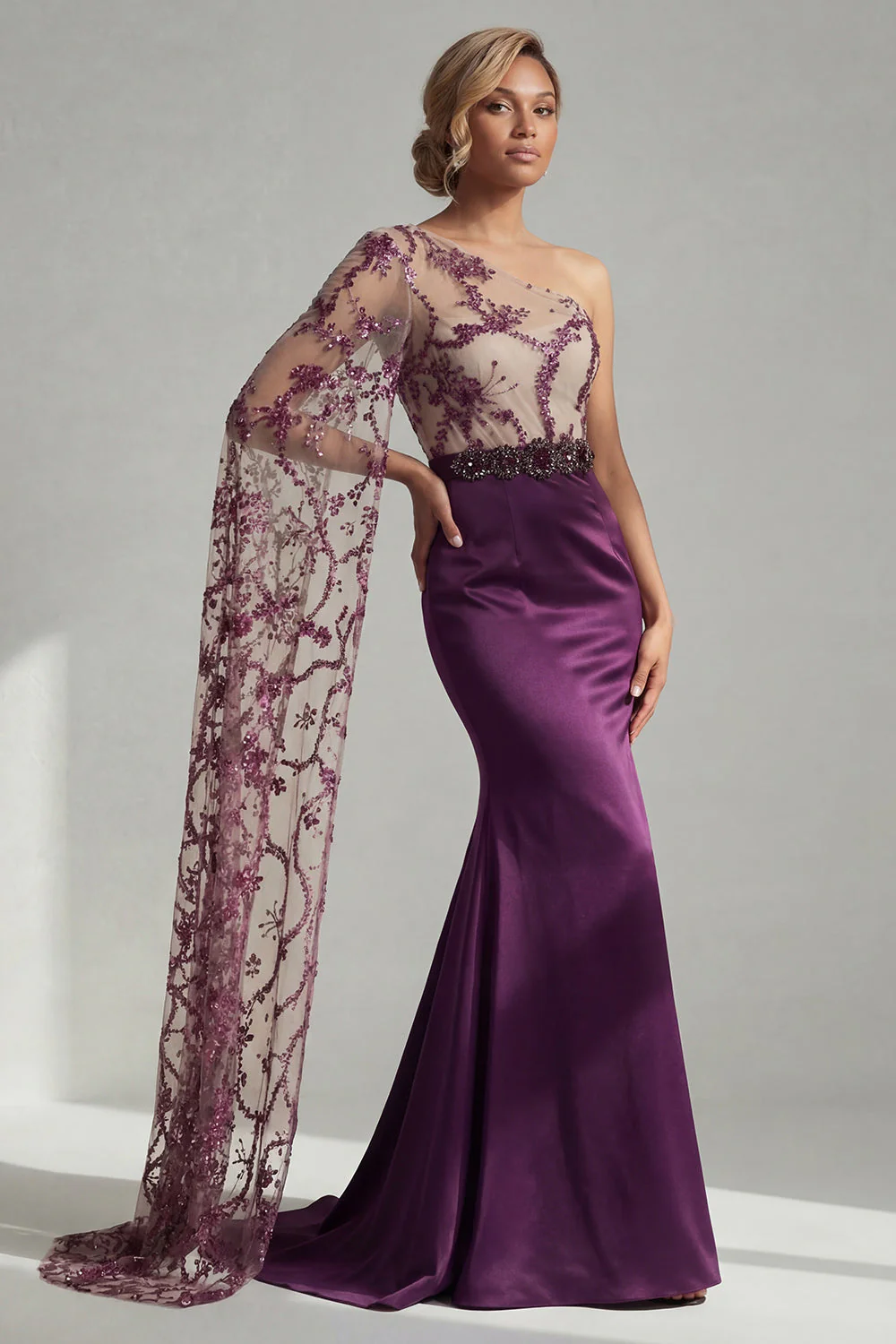 One Shoulder Dark Purple Mermaid Sequin Long Mother of the Bride Dress - Image 3