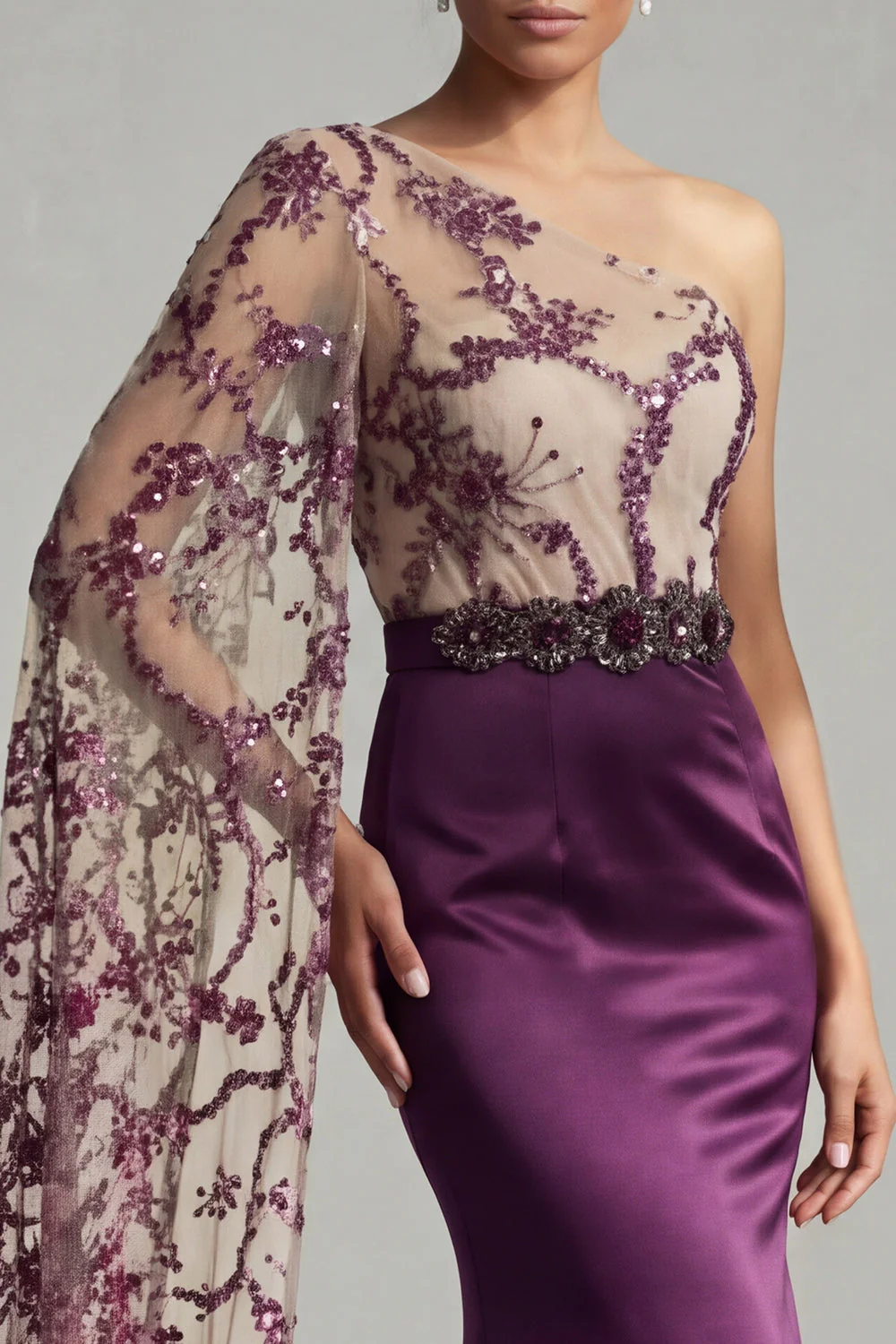 One Shoulder Dark Purple Mermaid Sequin Long Mother of the Bride Dress - Image 4