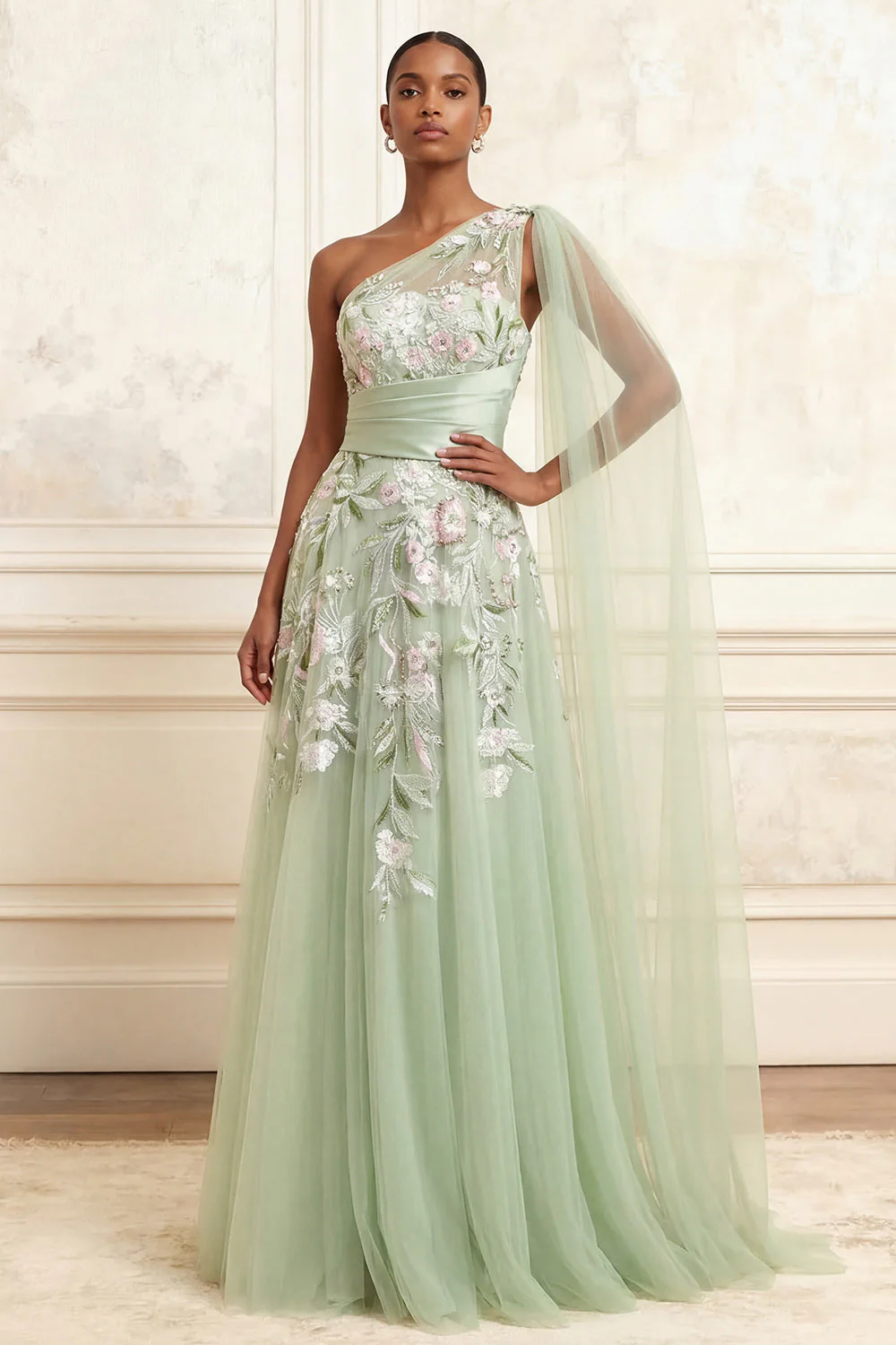 One Shoulder Dusty Sage A-Line Sequins Long Prom Dress with Embroidery