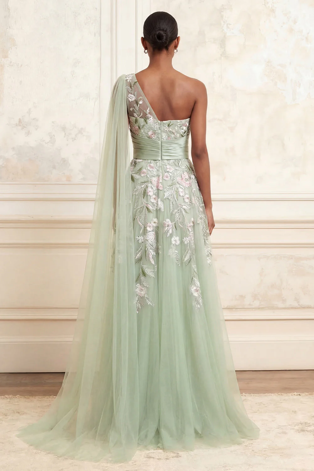 One Shoulder Dusty Sage A-Line Sequins Long Prom Dress with Embroidery - Image 2