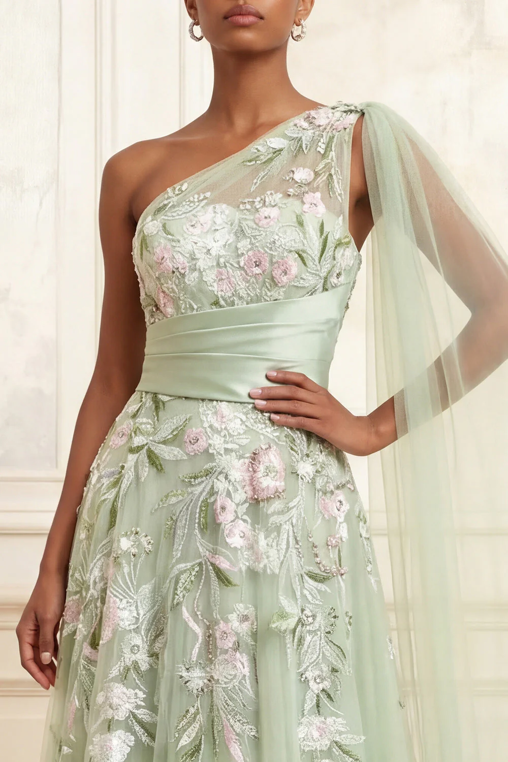 One Shoulder Dusty Sage A-Line Sequins Long Prom Dress with Embroidery - Image 3