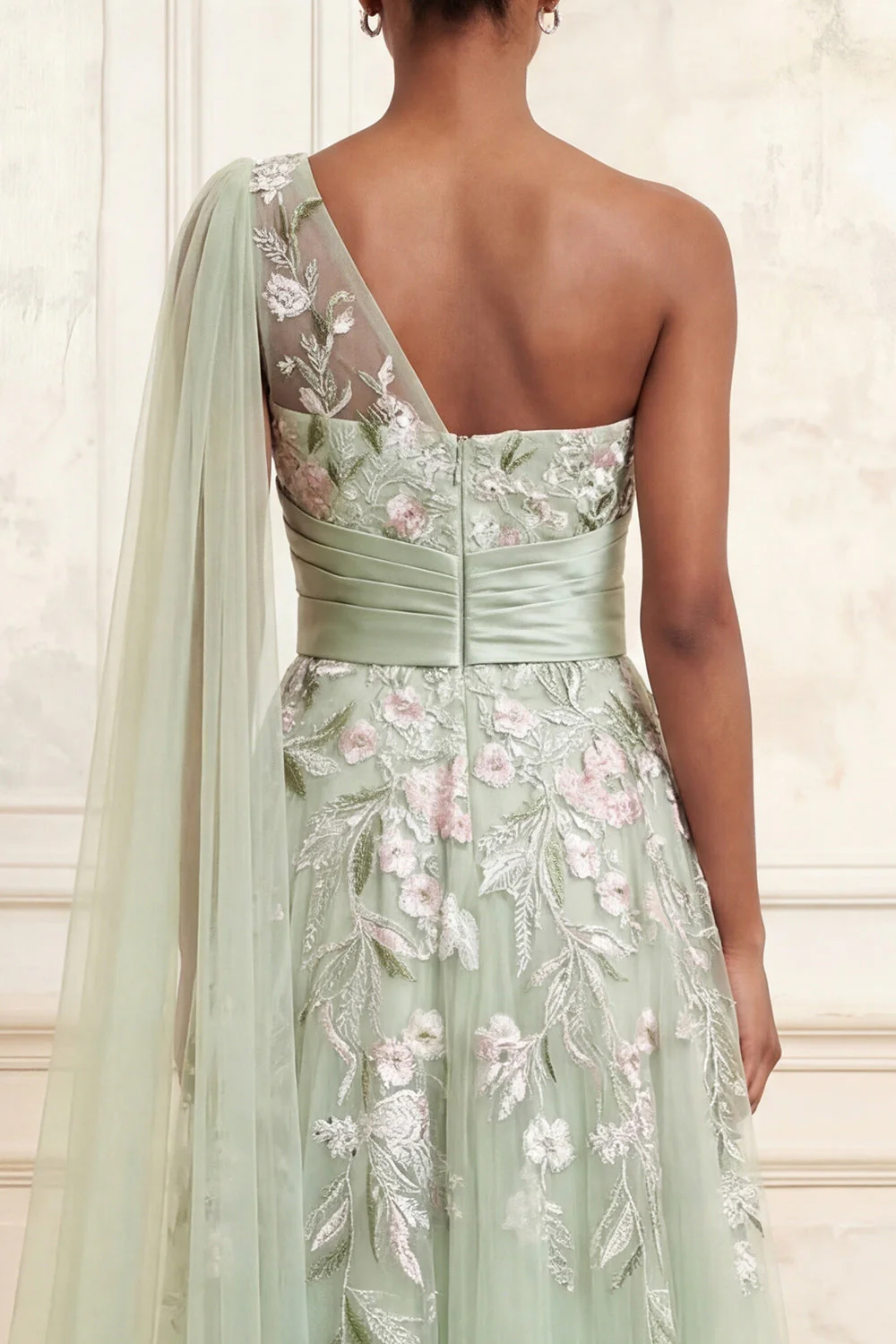 One Shoulder Dusty Sage A-Line Sequins Long Prom Dress with Embroidery - Image 4