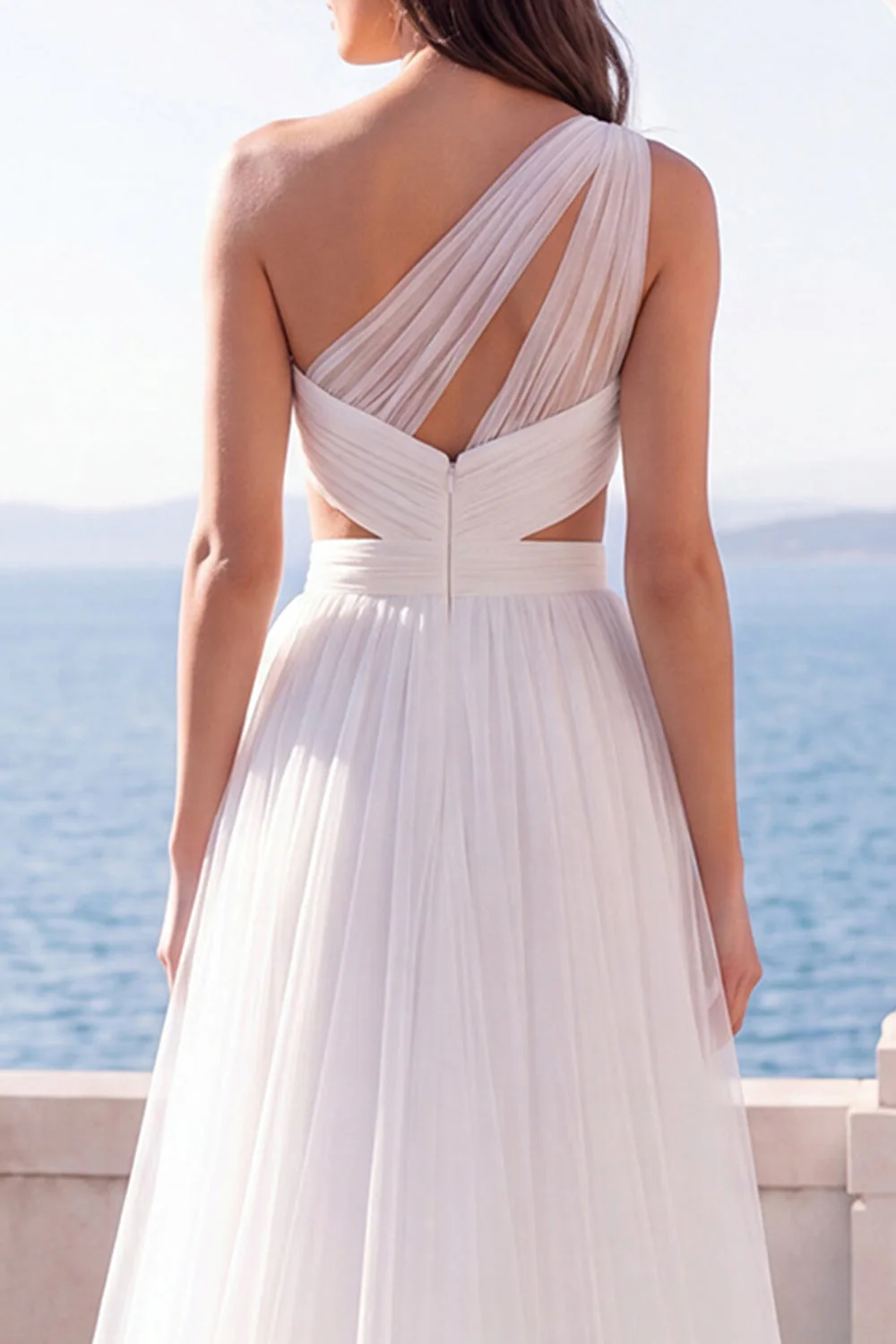 One Shoulder Ivory A Line Cut Out Long Wedding Dress with Slit - Image 4