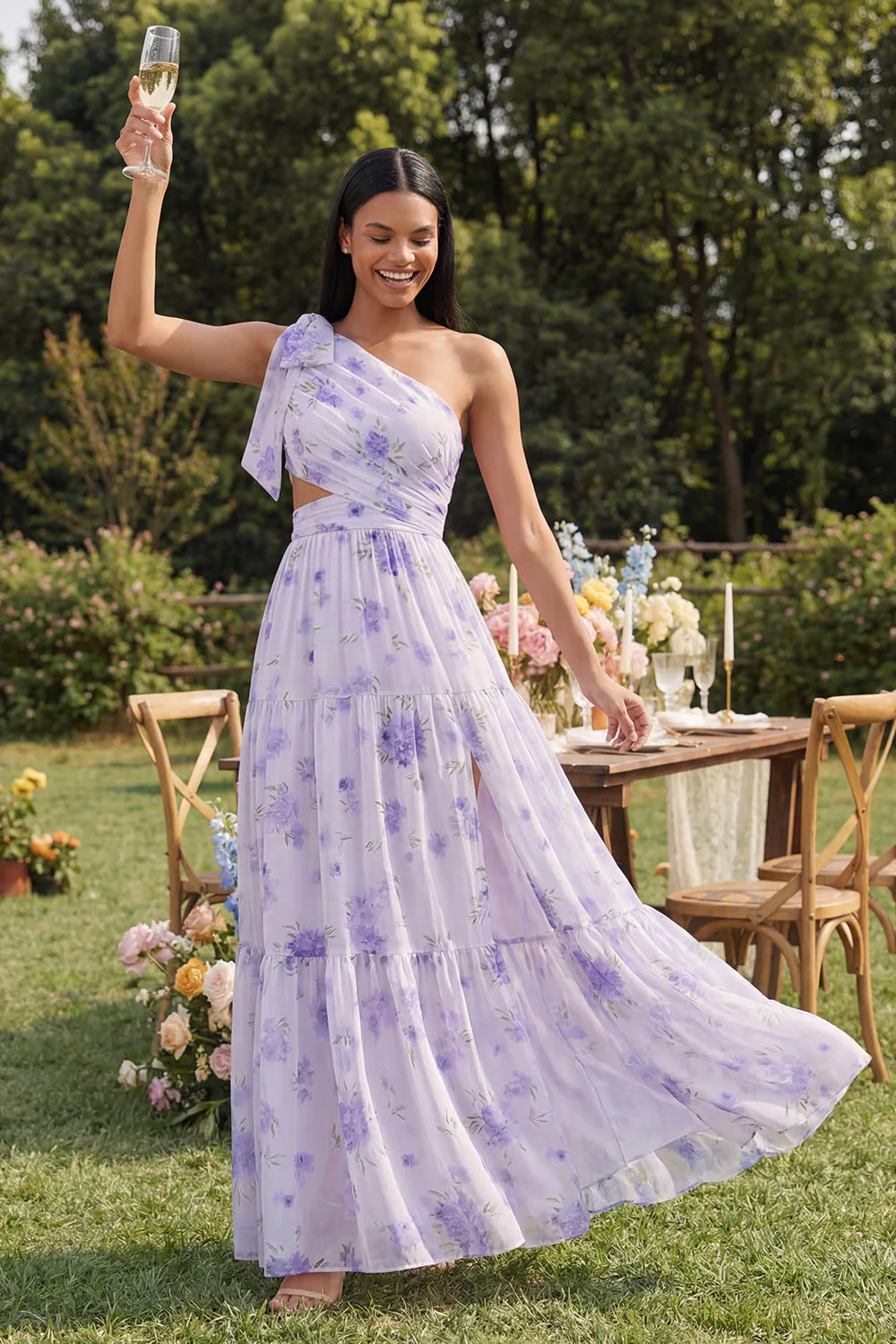 One Shoulder Lilac Tulle Printed Floral A-Line Maxi Dress with Slit - Image 2