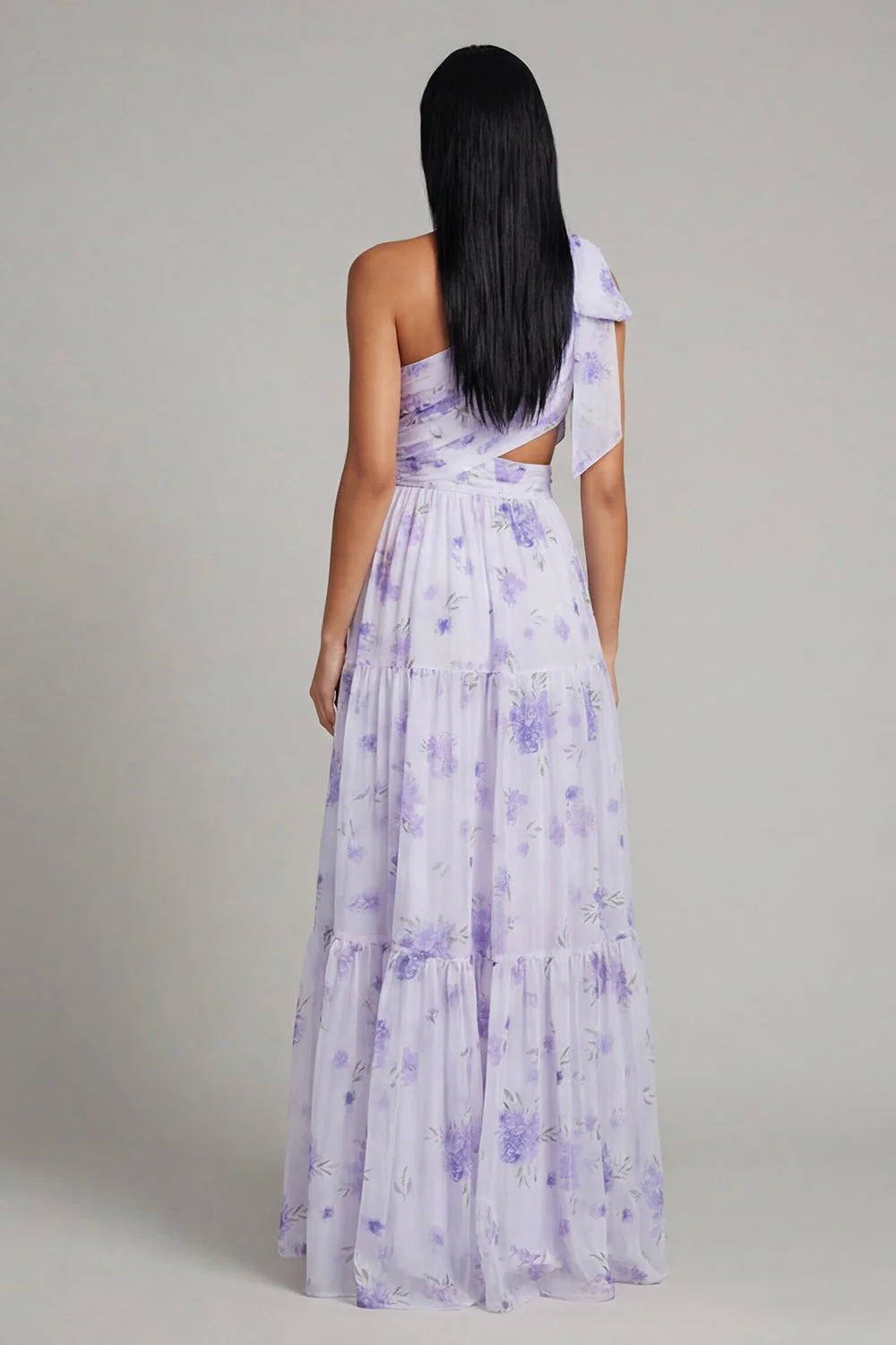 One Shoulder Lilac Tulle Printed Floral A-Line Maxi Dress with Slit - Image 3