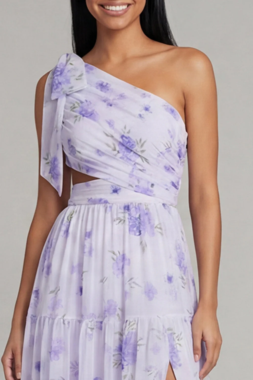 One Shoulder Lilac Tulle Printed Floral A-Line Maxi Dress with Slit - Image 4