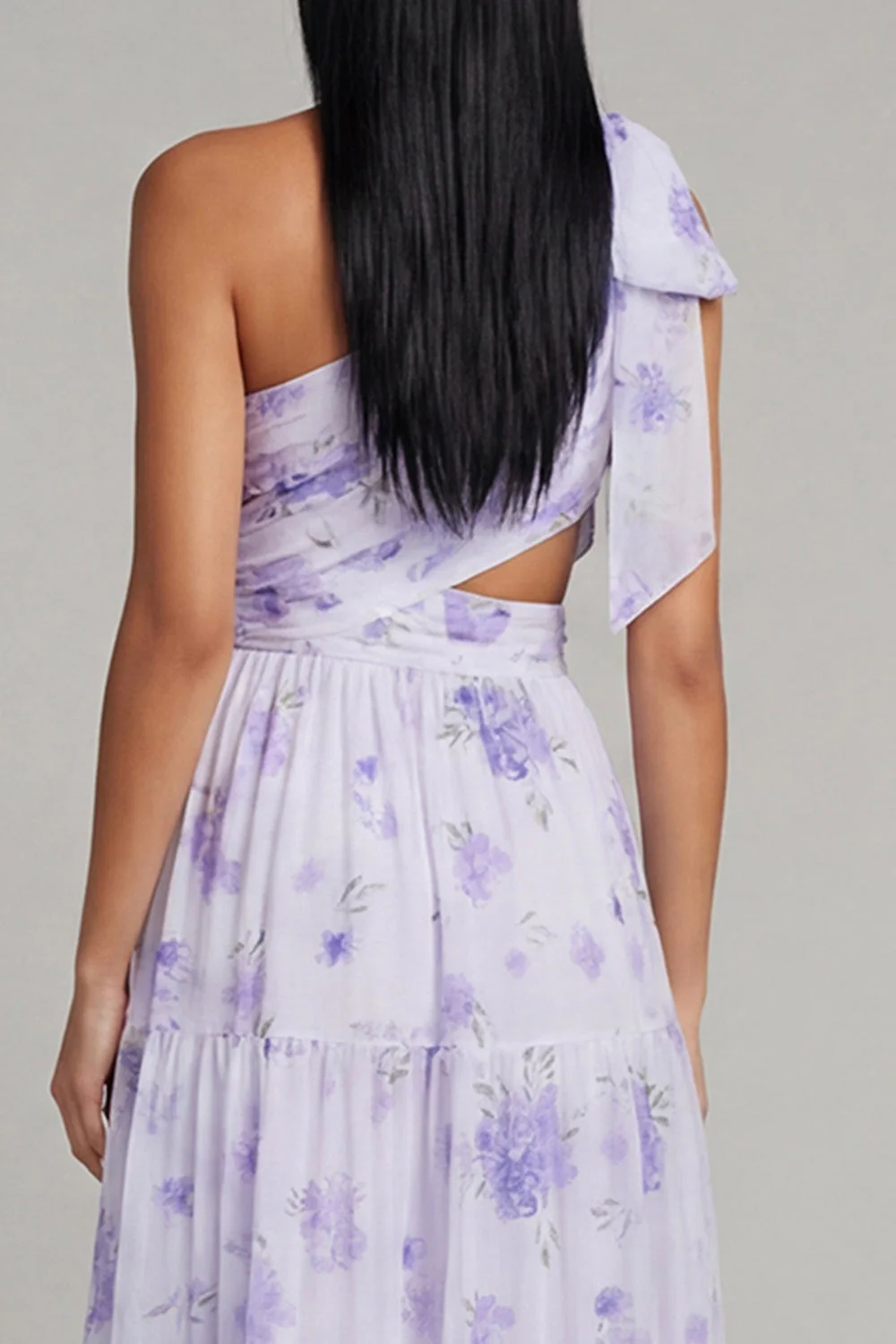 One Shoulder Lilac Tulle Printed Floral A-Line Maxi Dress with Slit - Image 5