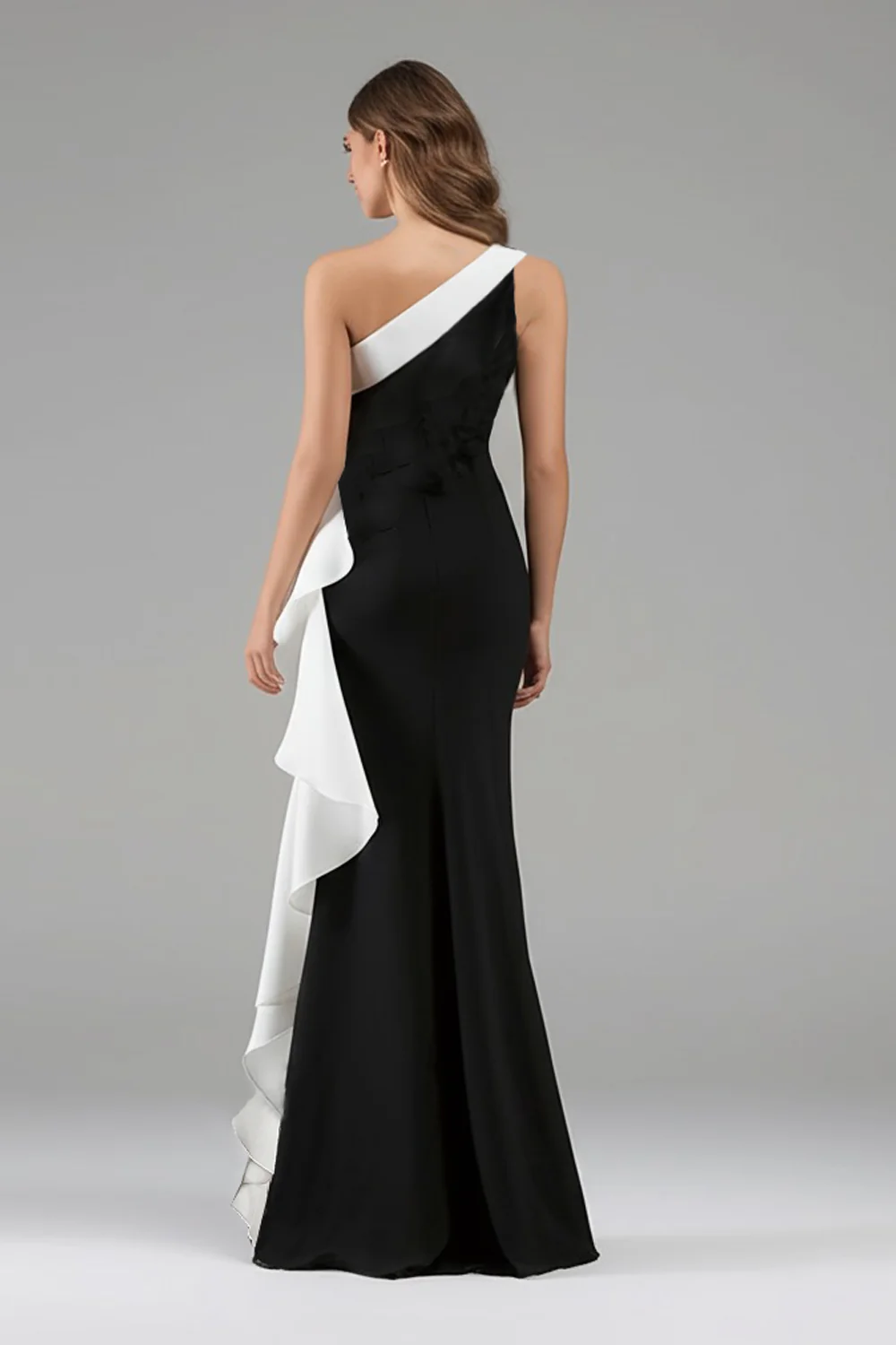 One Shoulder Mermaid Ruffles Long Black Tie Dress - Image 2