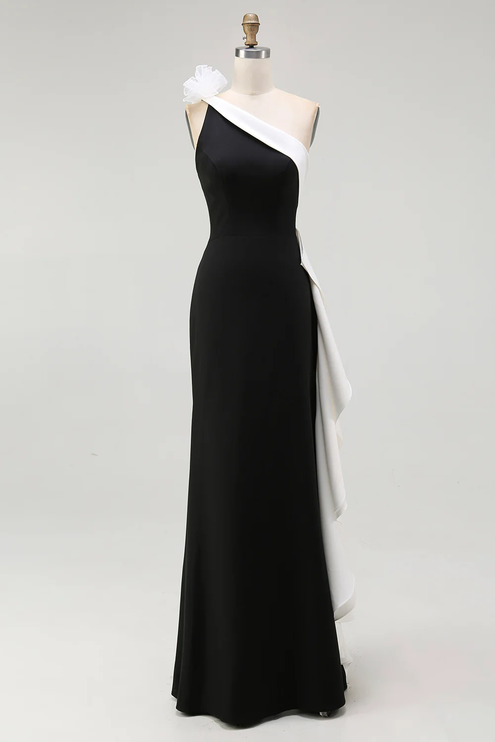 One Shoulder Mermaid Ruffles Long Black Tie Dress - Image 4
