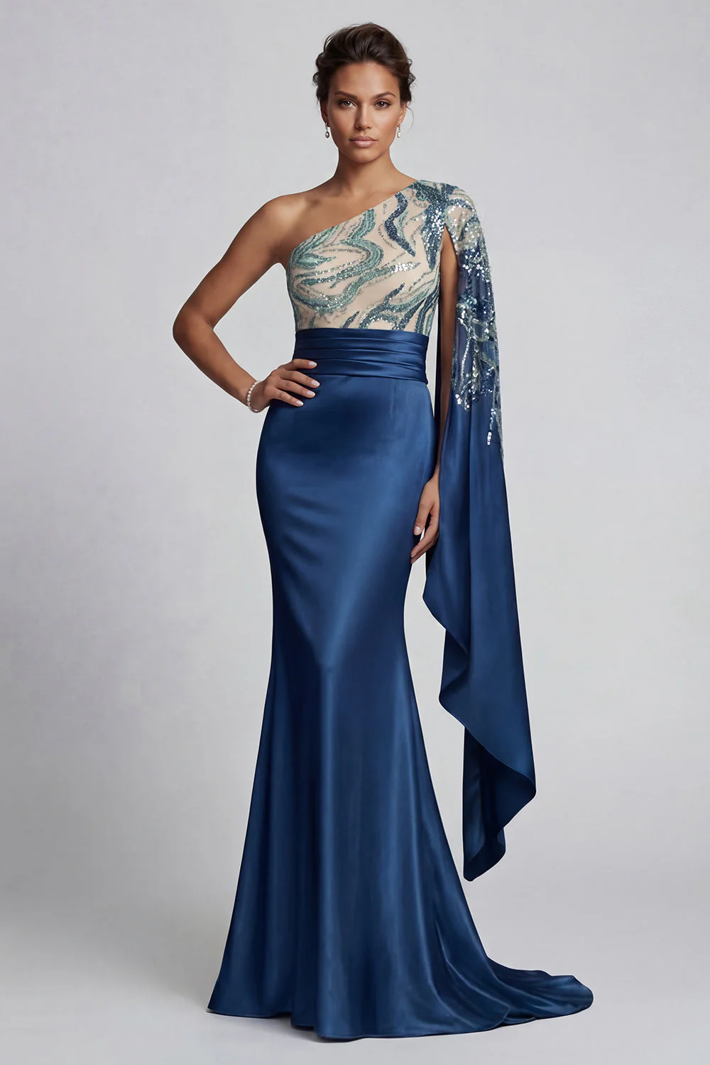 One Shoulder Navy Mermaid Mother of the Bride Dress with Cape Sleeves