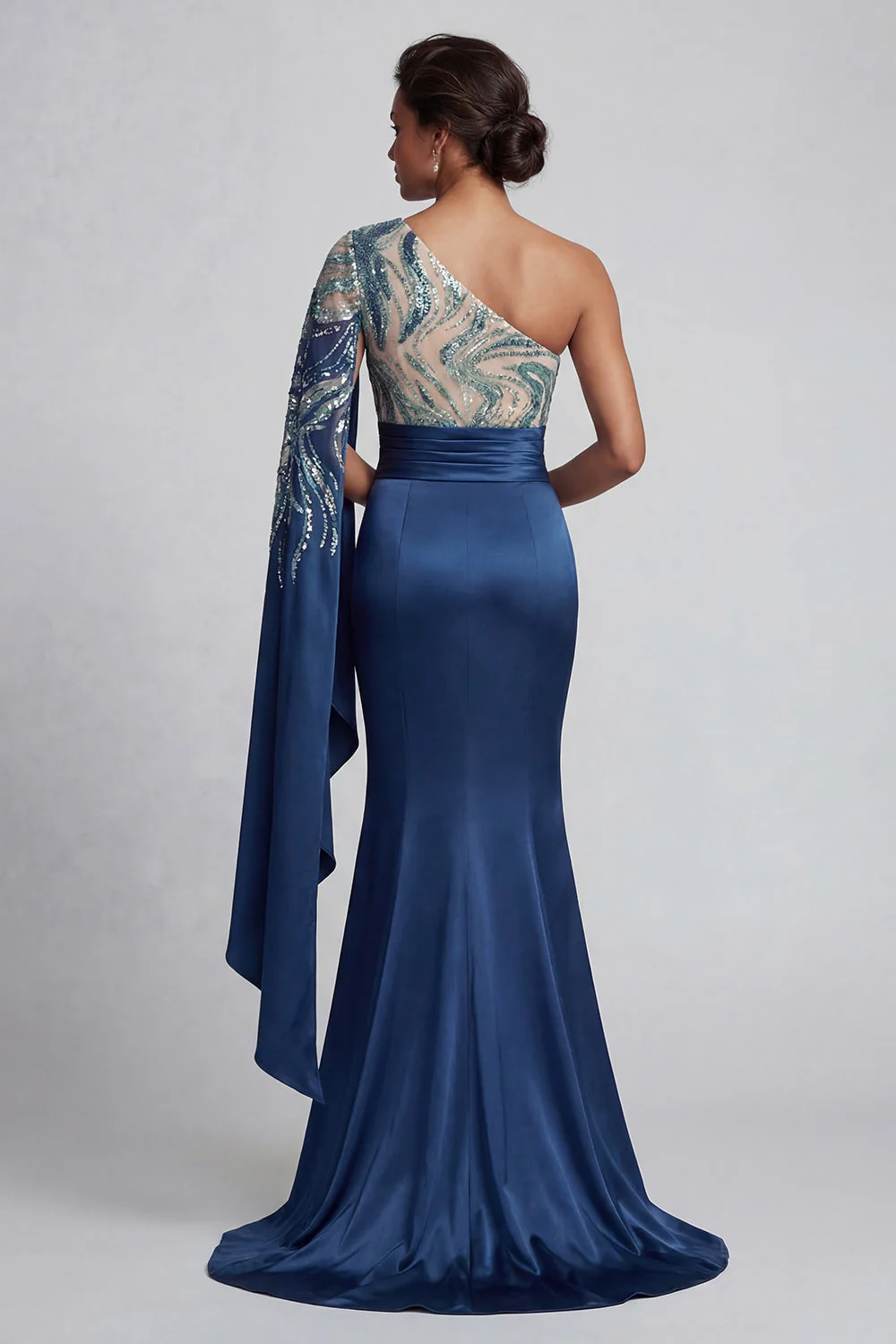 One Shoulder Navy Mermaid Mother of the Bride Dress with Cape Sleeves - Image 2