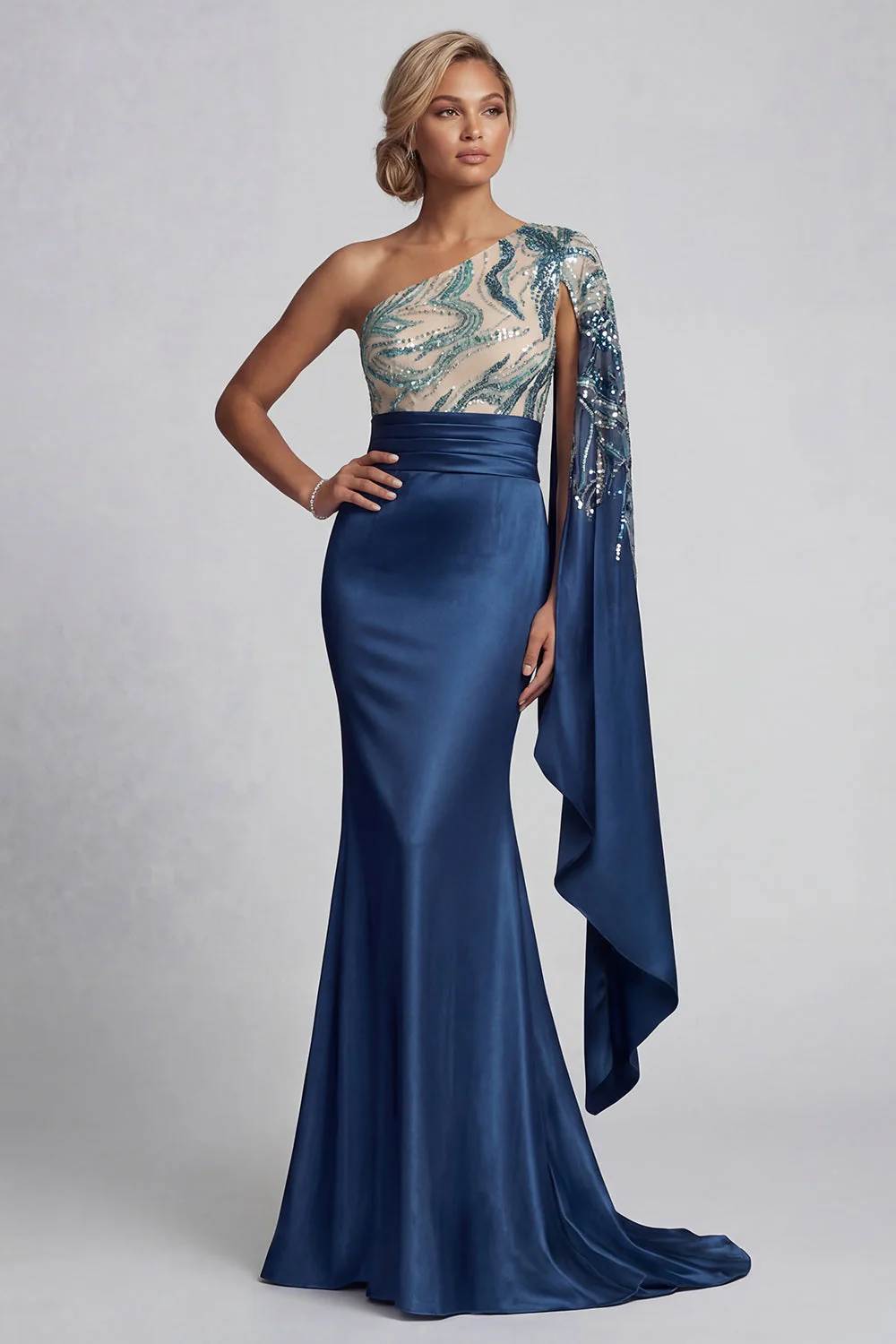 One Shoulder Navy Mermaid Mother of the Bride Dress with Cape Sleeves - Image 3