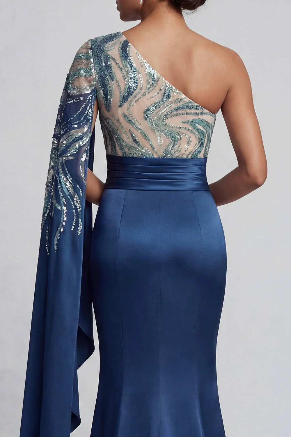 One Shoulder Navy Mermaid Mother of the Bride Dress with Cape Sleeves - Image 5