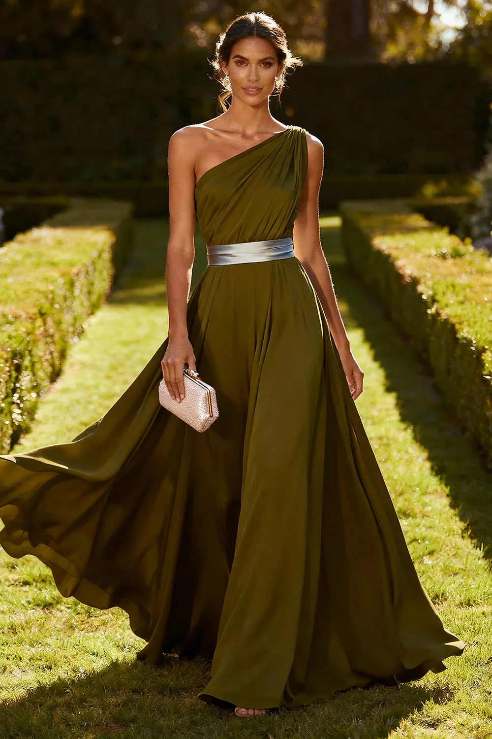 One Shoulder Olive A Line Chiffon Maxi Dress