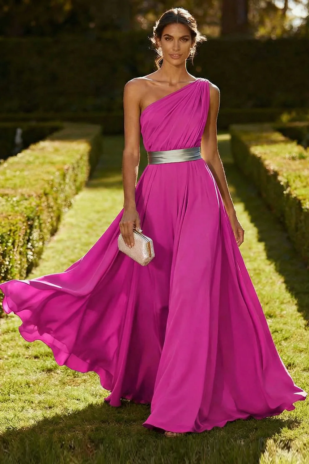 One Shoulder Olive A Line Chiffon Maxi Dress - Image 10