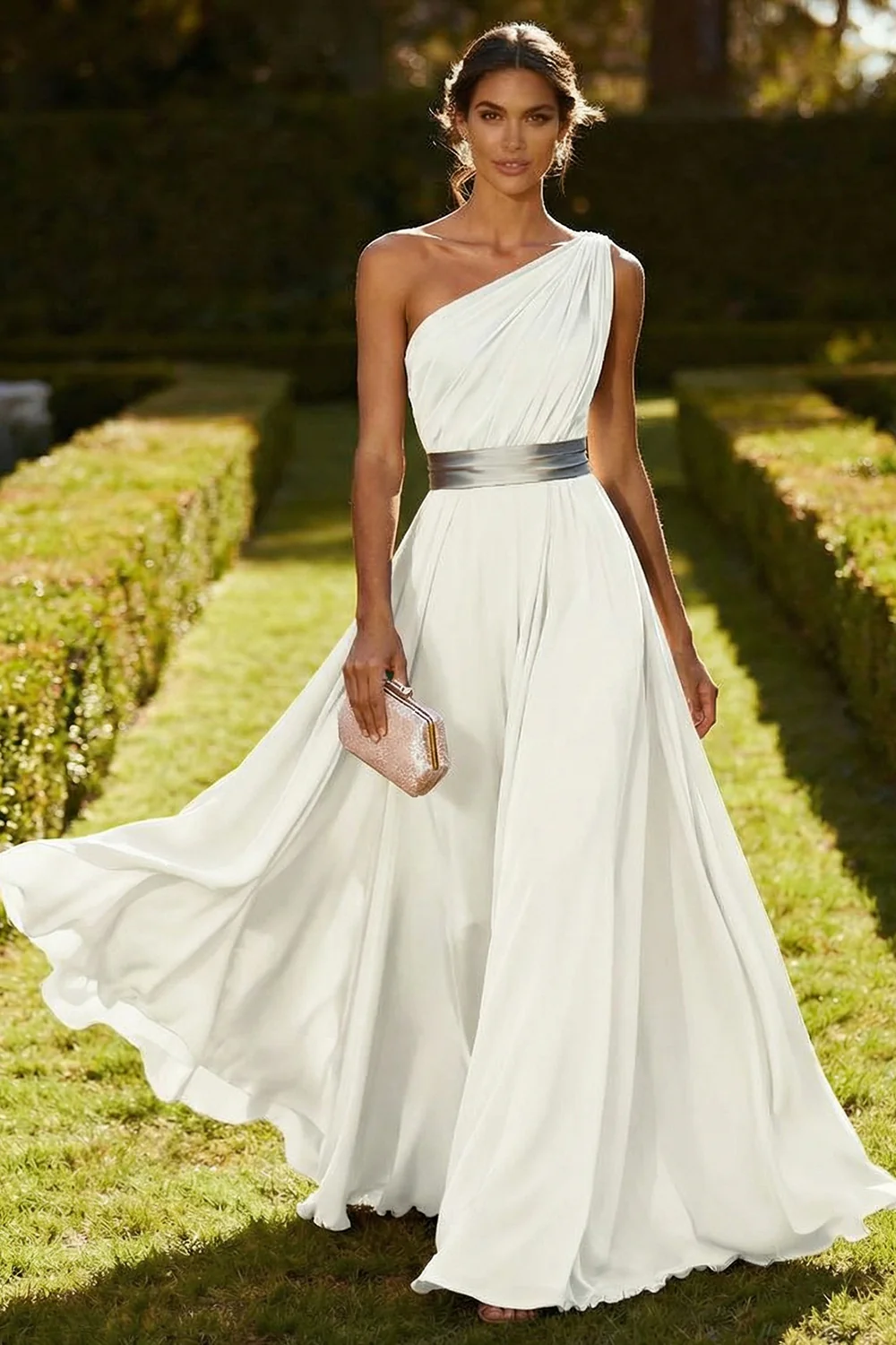 One Shoulder Olive A Line Chiffon Maxi Dress - Image 11