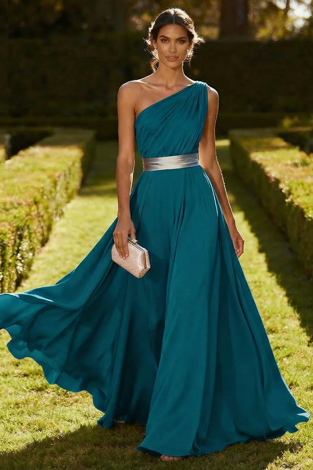 One Shoulder Olive A Line Chiffon Maxi Dress - Image 12