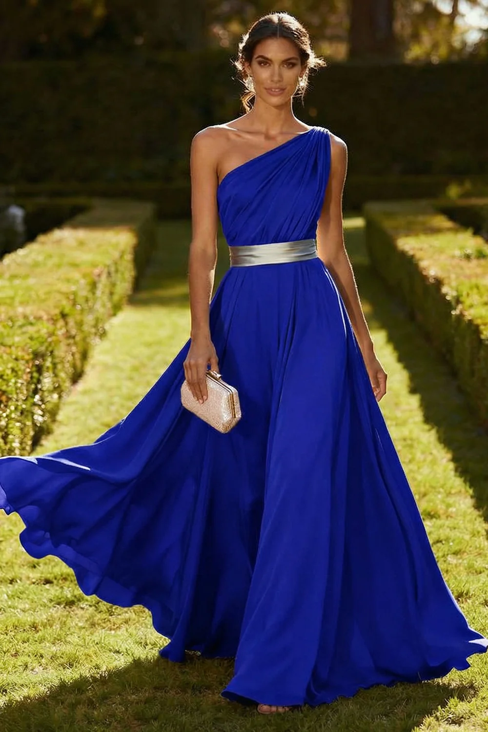 One Shoulder Olive A Line Chiffon Maxi Dress - Image 13
