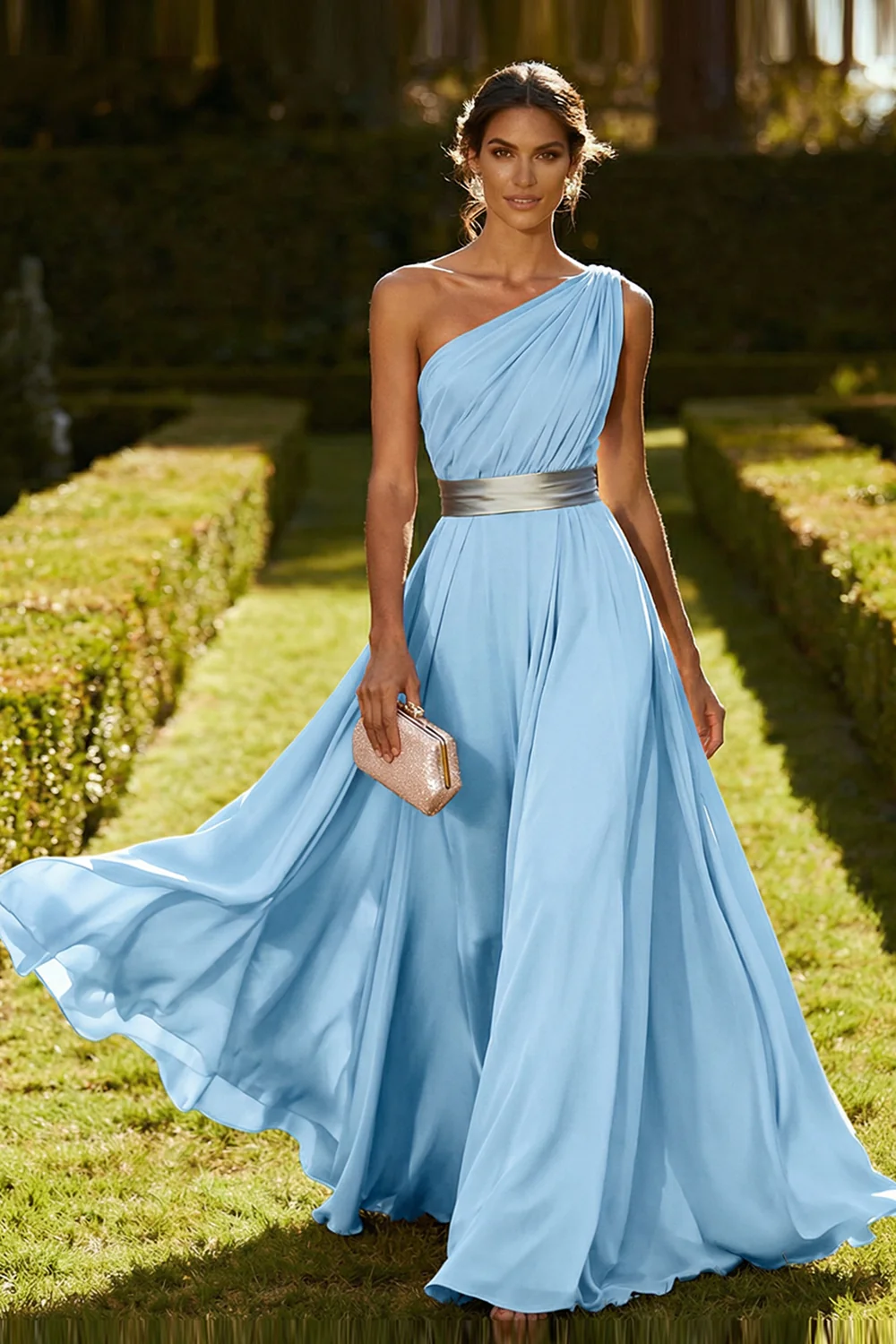 One Shoulder Olive A Line Chiffon Maxi Dress - Image 14