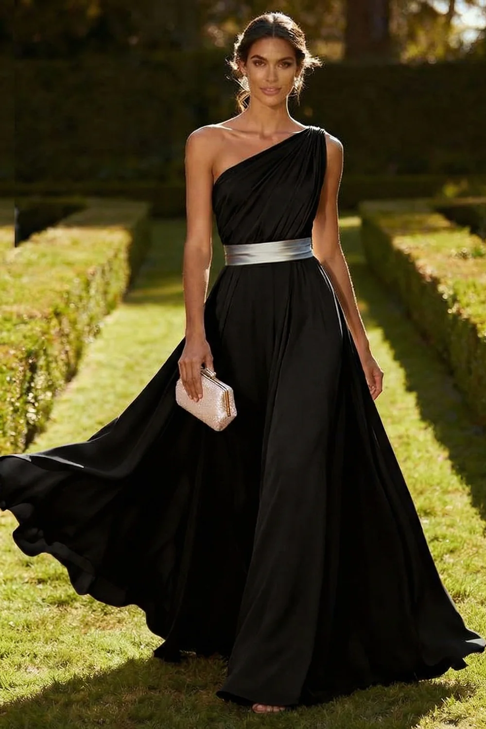 One Shoulder Olive A Line Chiffon Maxi Dress - Image 5