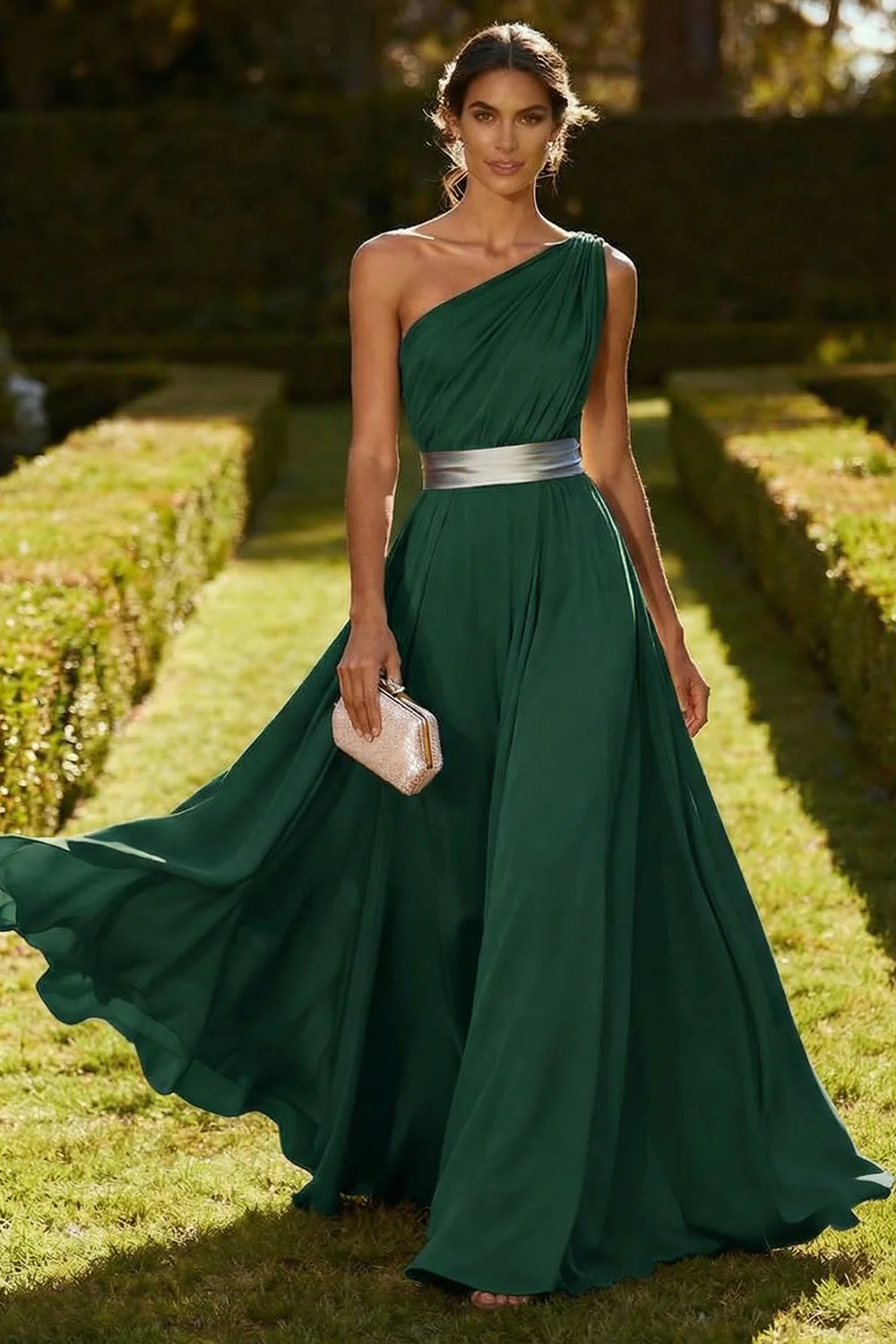 One Shoulder Olive A Line Chiffon Maxi Dress - Image 6