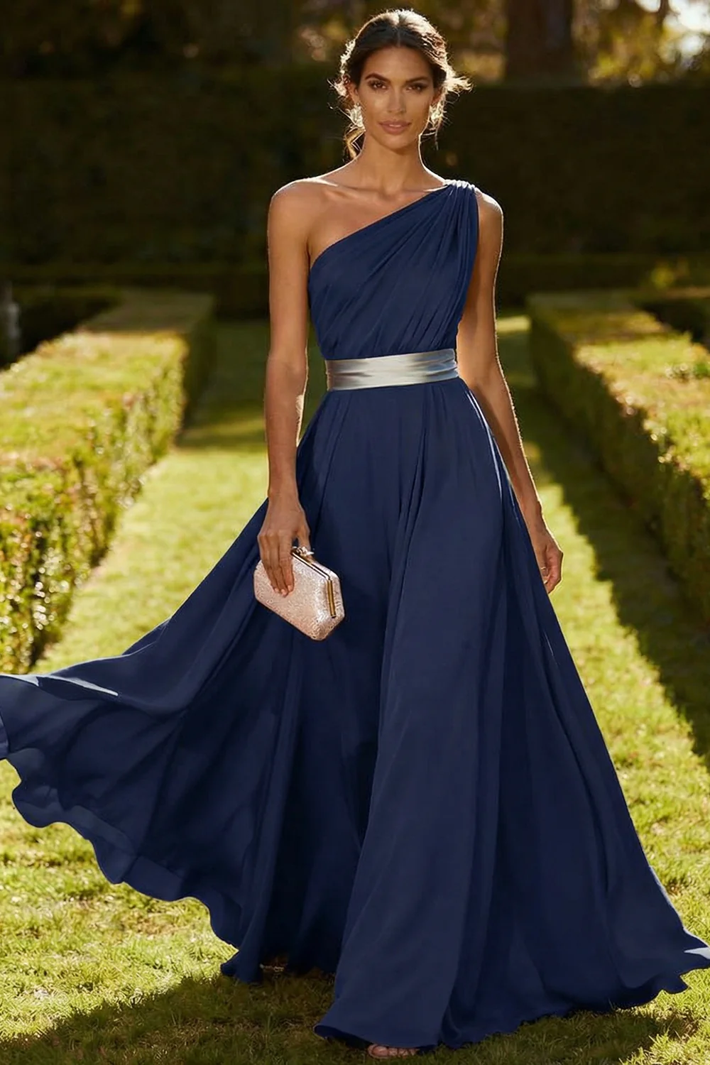 One Shoulder Olive A Line Chiffon Maxi Dress - Image 7