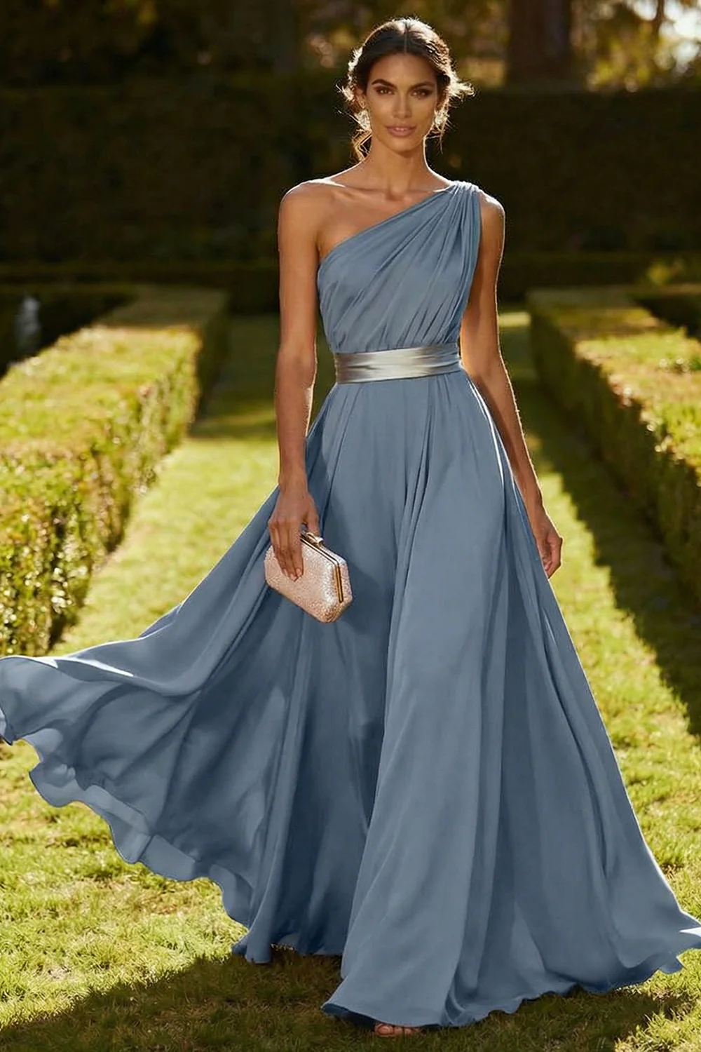 One Shoulder Olive A Line Chiffon Maxi Dress - Image 8
