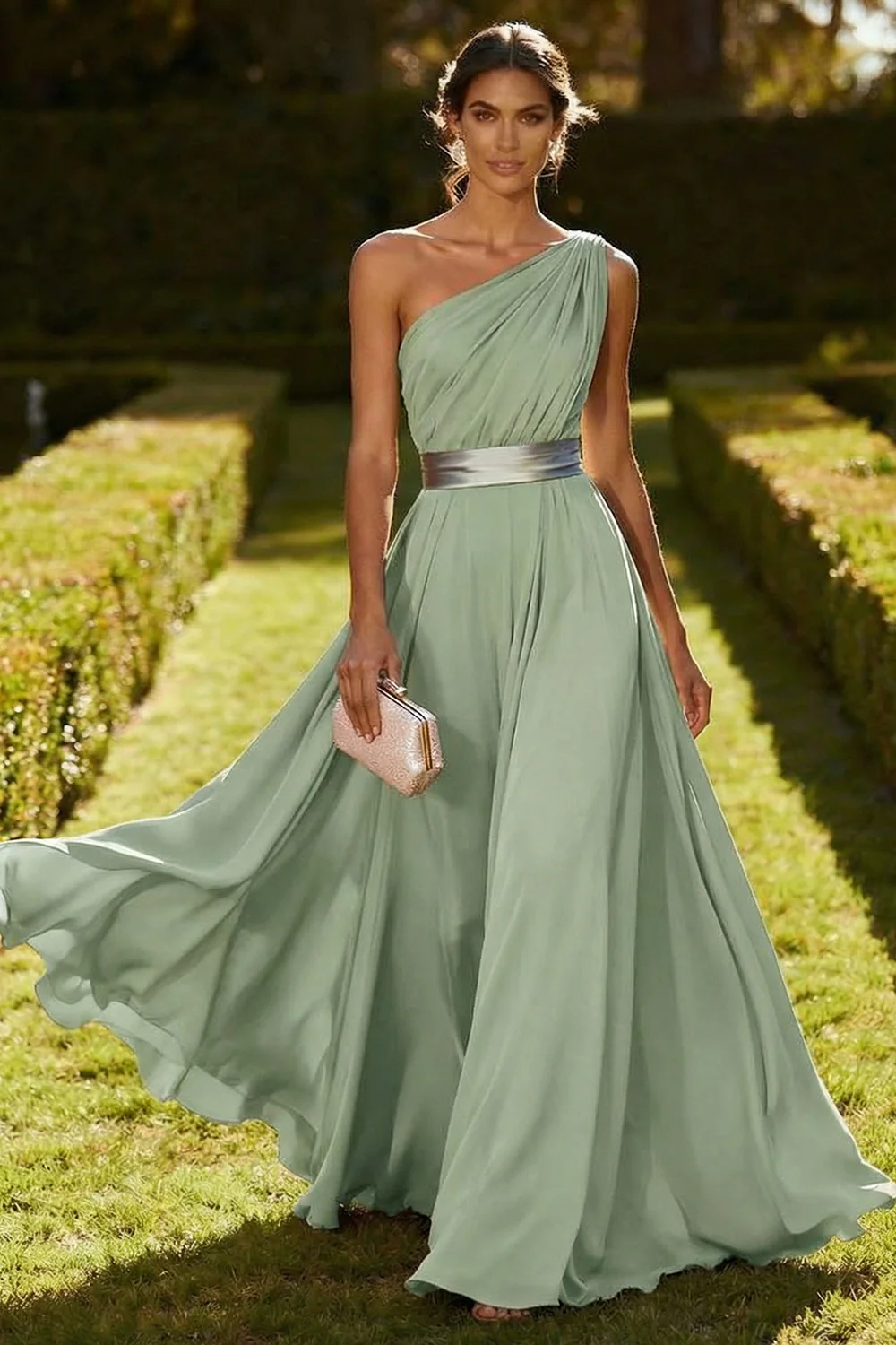 One Shoulder Olive A Line Chiffon Maxi Dress - Image 9