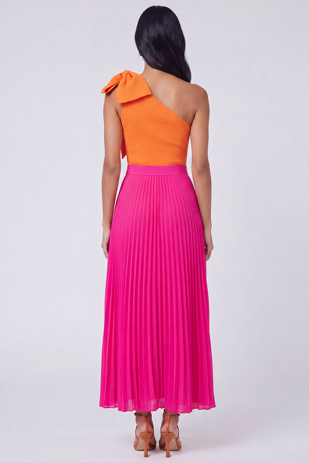 One Shoulder Orange and Fuchsia A-Line Pleated Maxi Dress with Bow - Image 2