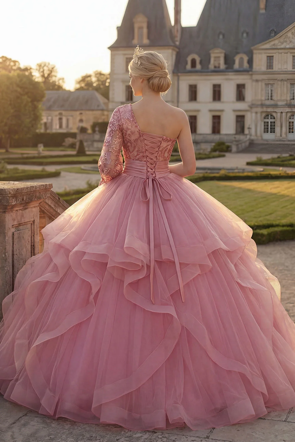 One Shoulder Pink Ball Gown Ruffled Sequins Quinceanera Dress with Long Sleeve - Image 2
