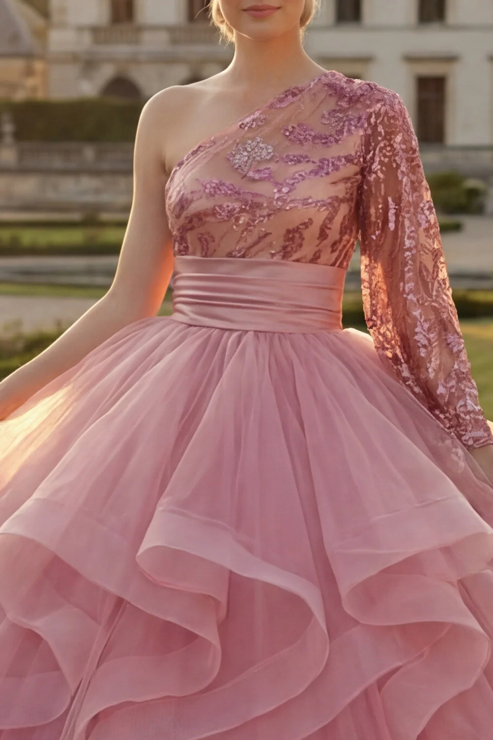 One Shoulder Pink Ball Gown Ruffled Sequins Quinceanera Dress with Long Sleeve - Image 3